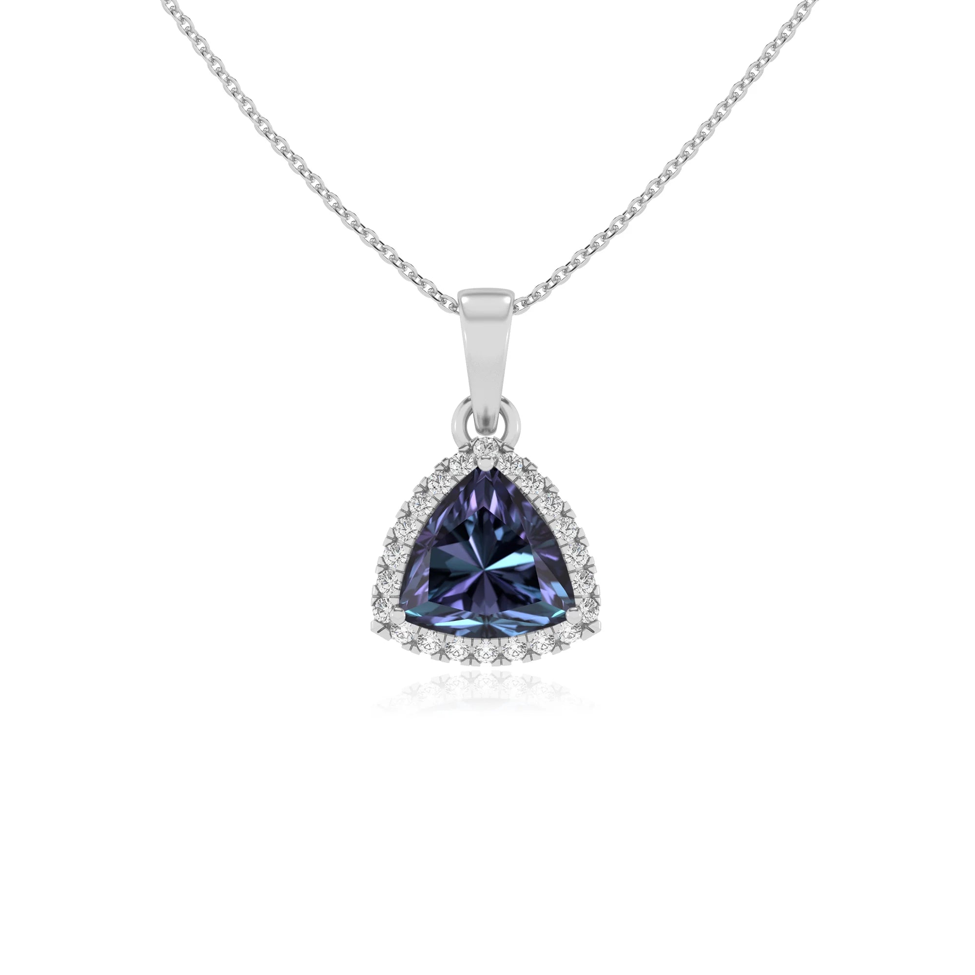 lab grown alexandrite trillion solitaire necklaces in white gold