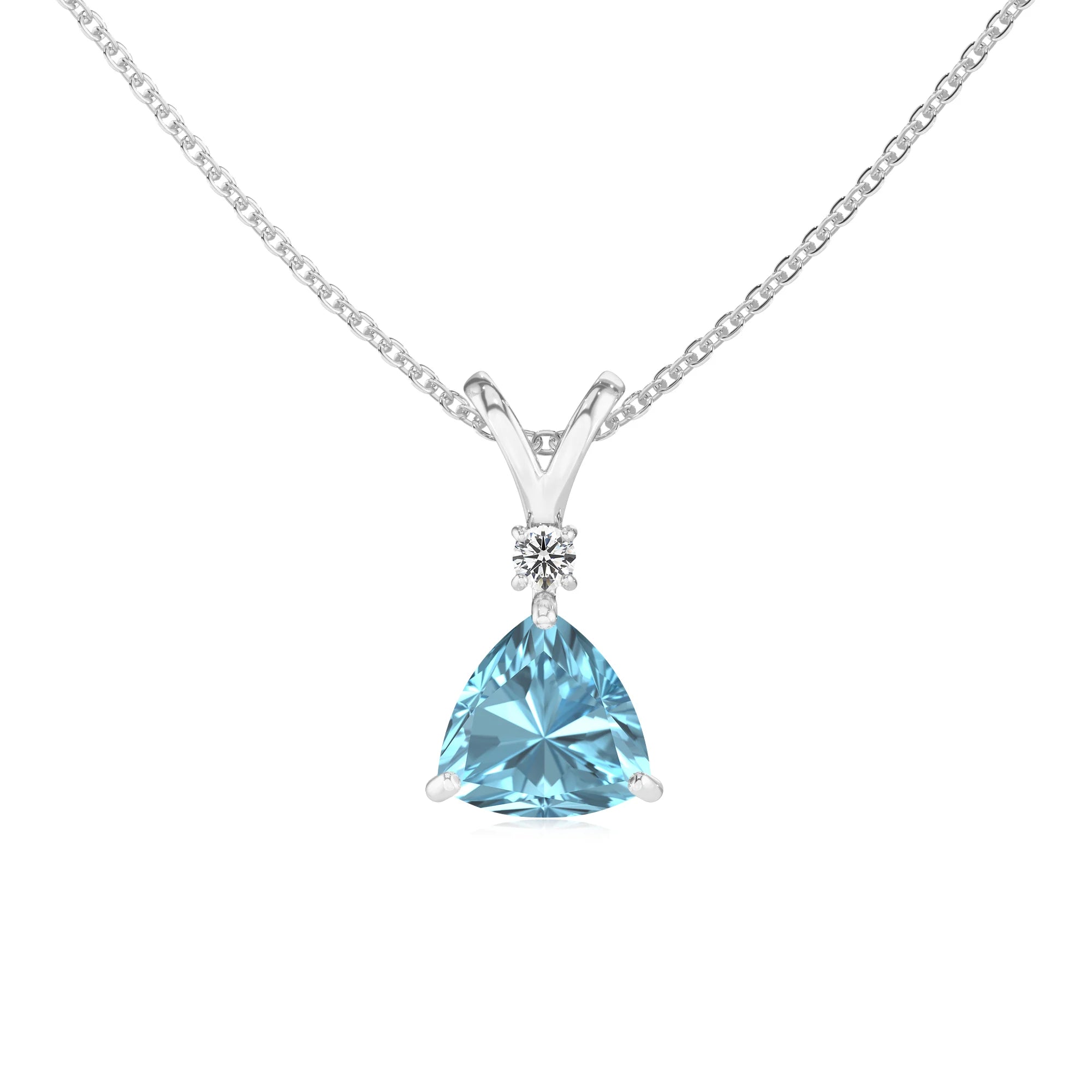 lab grown aquamarine trillion solitaire v-bale necklaces in white gold