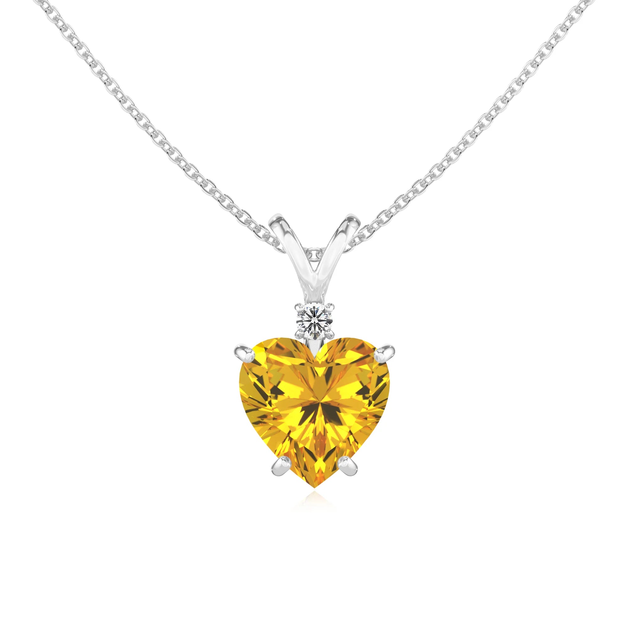 lab grown yellow-sapphire heart solitaire v-bale necklaces in sterling silver