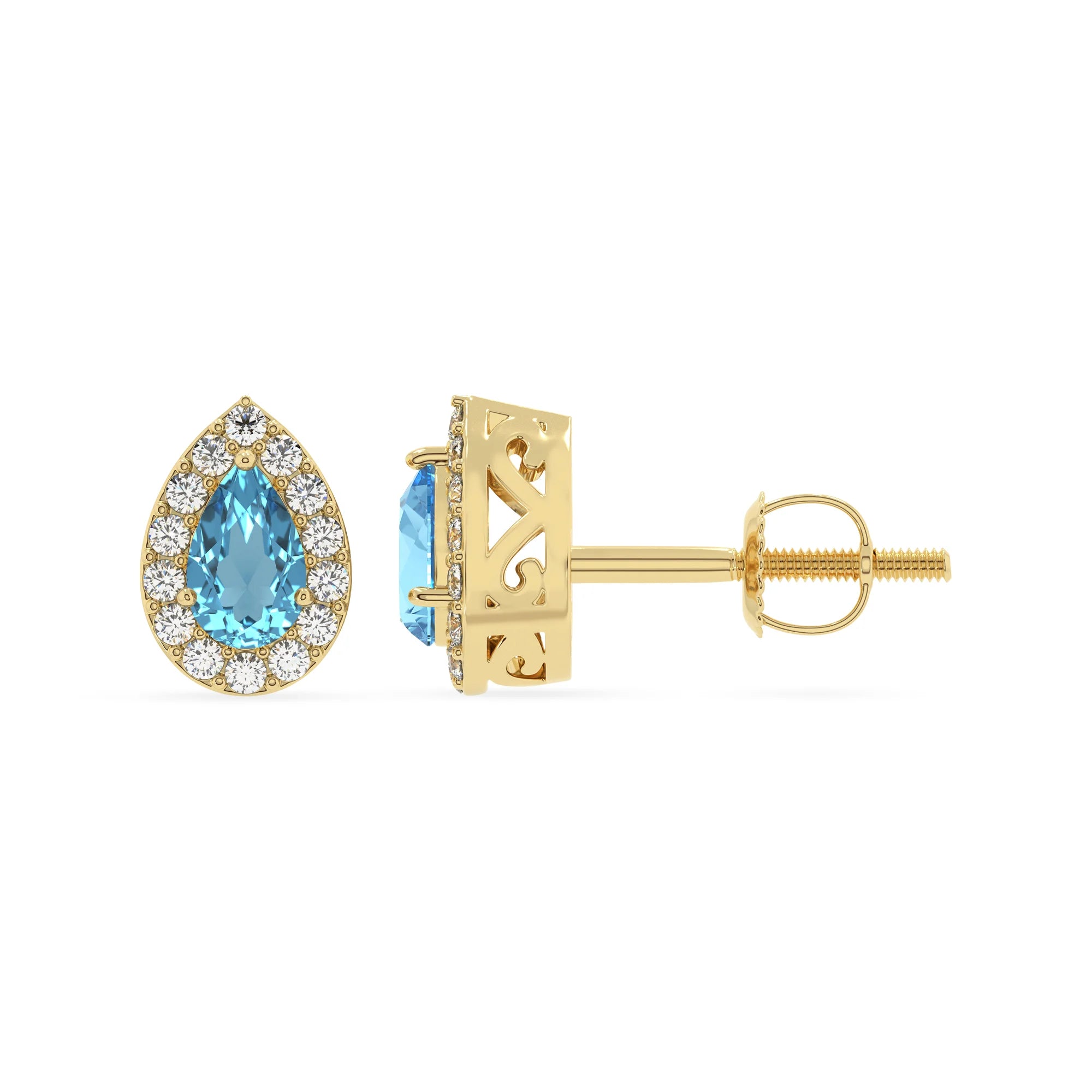 natural swiss blue topaz pear stud earrings in yellow gold