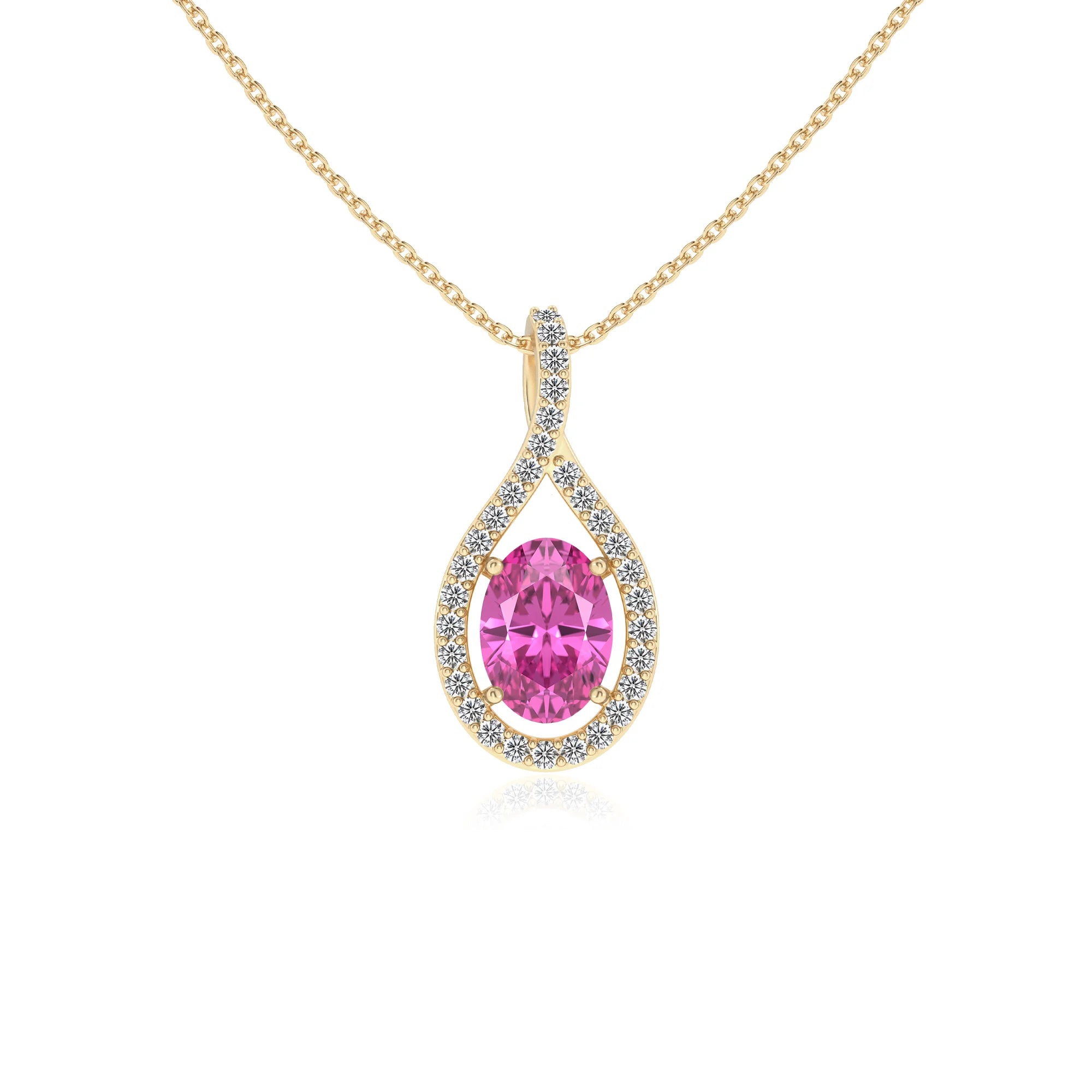 lab grown pink-sapphire oval solitaire necklaces in yellow gold