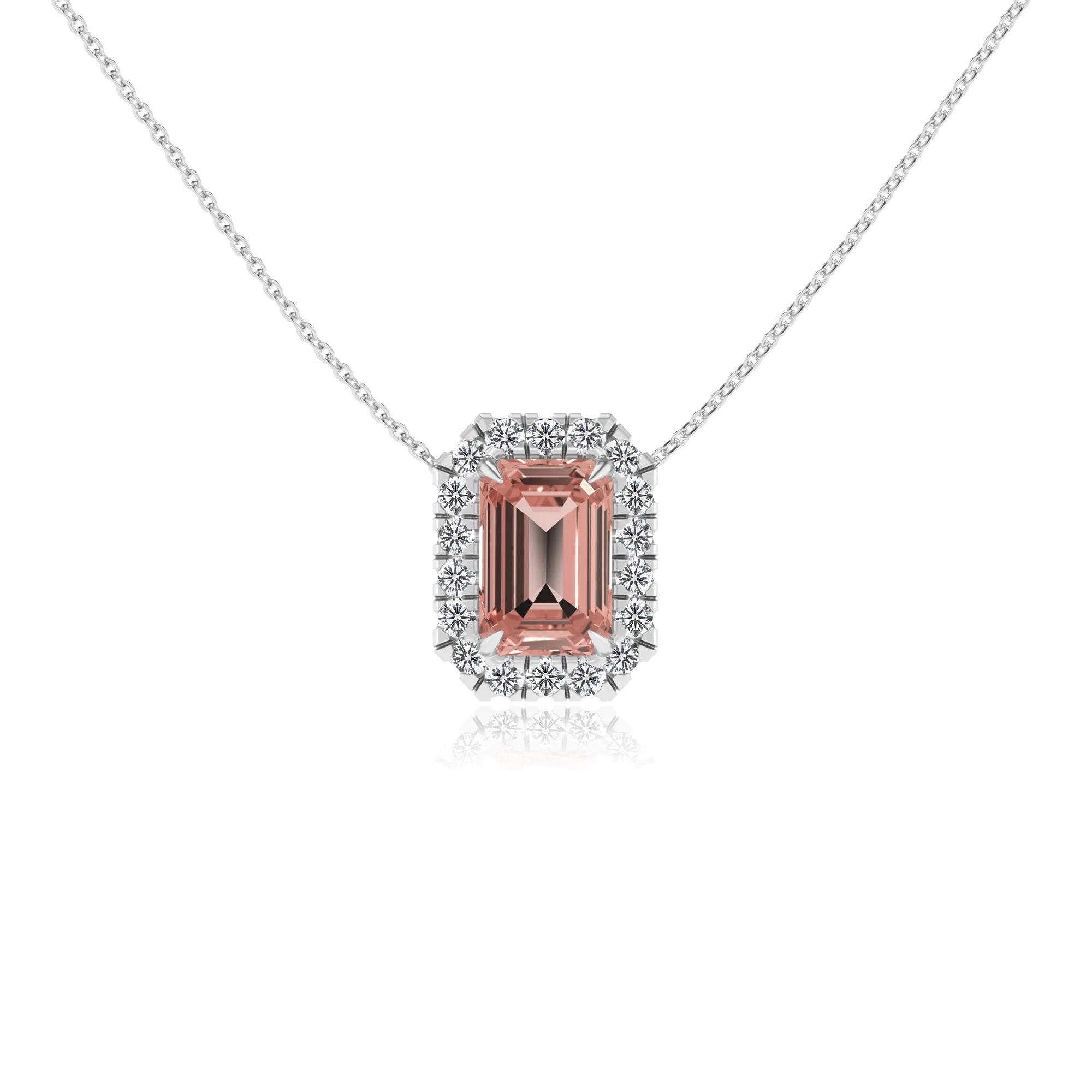lab grown morganite emerald cut solitaire necklaces in white gold