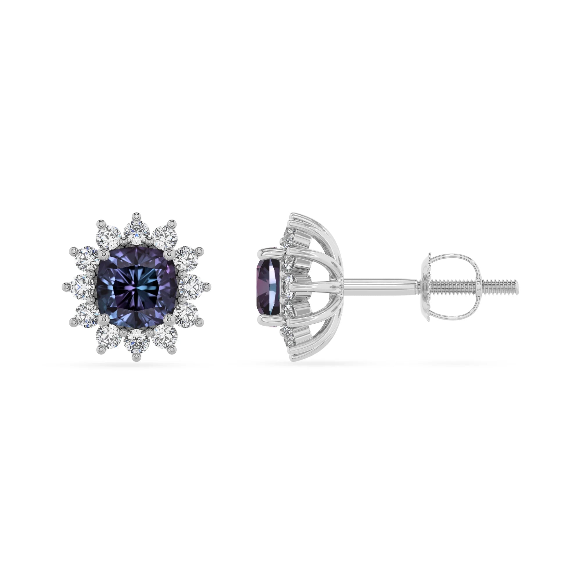 lab grown alexandrite cushion stud earrings in white gold