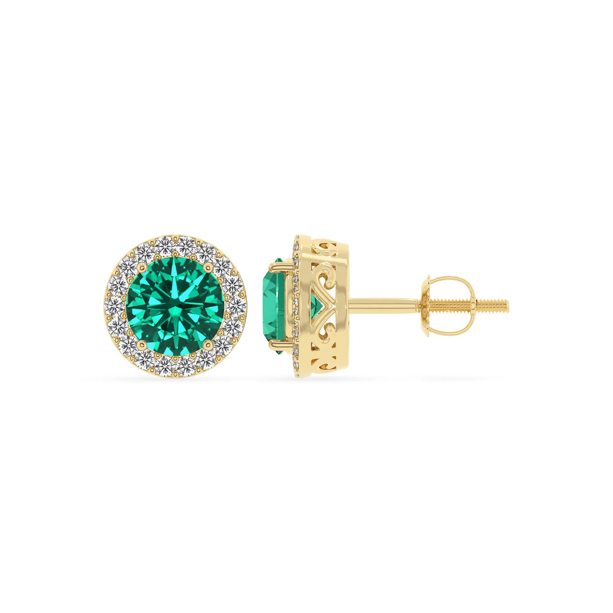 lab grown emerald round stud earrings in yellow gold