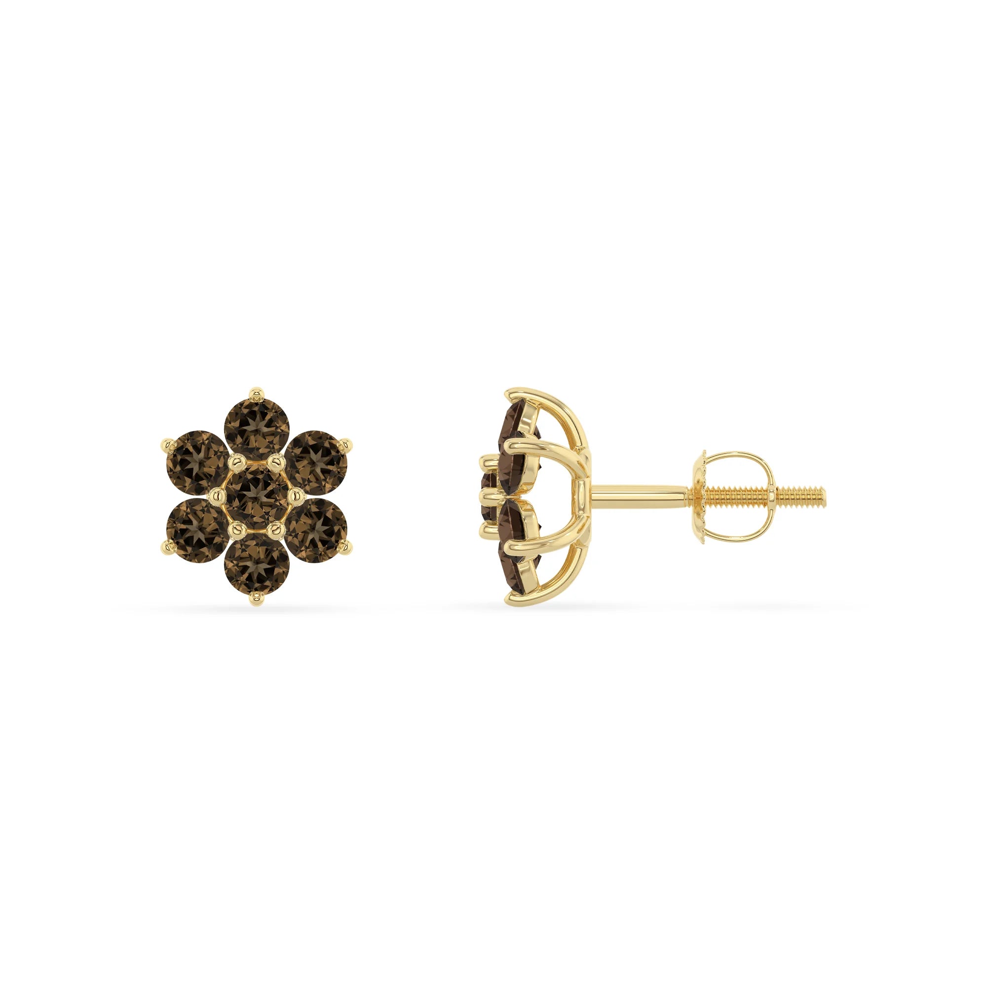 natural smoky quartz round stud earrings in yellow gold