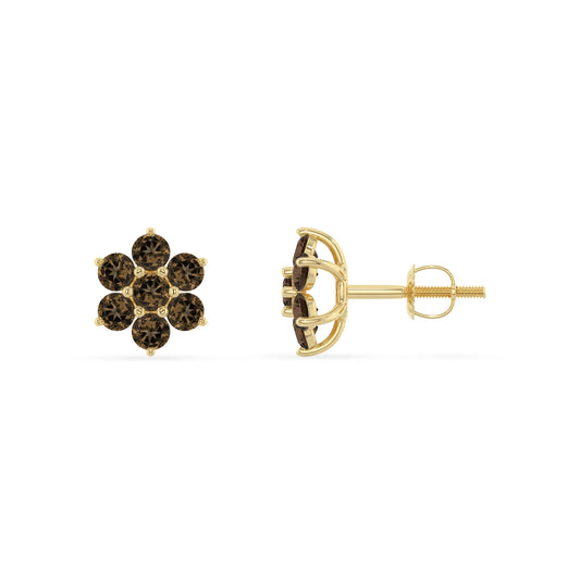 natural smoky quartz round stud earrings in yellow gold