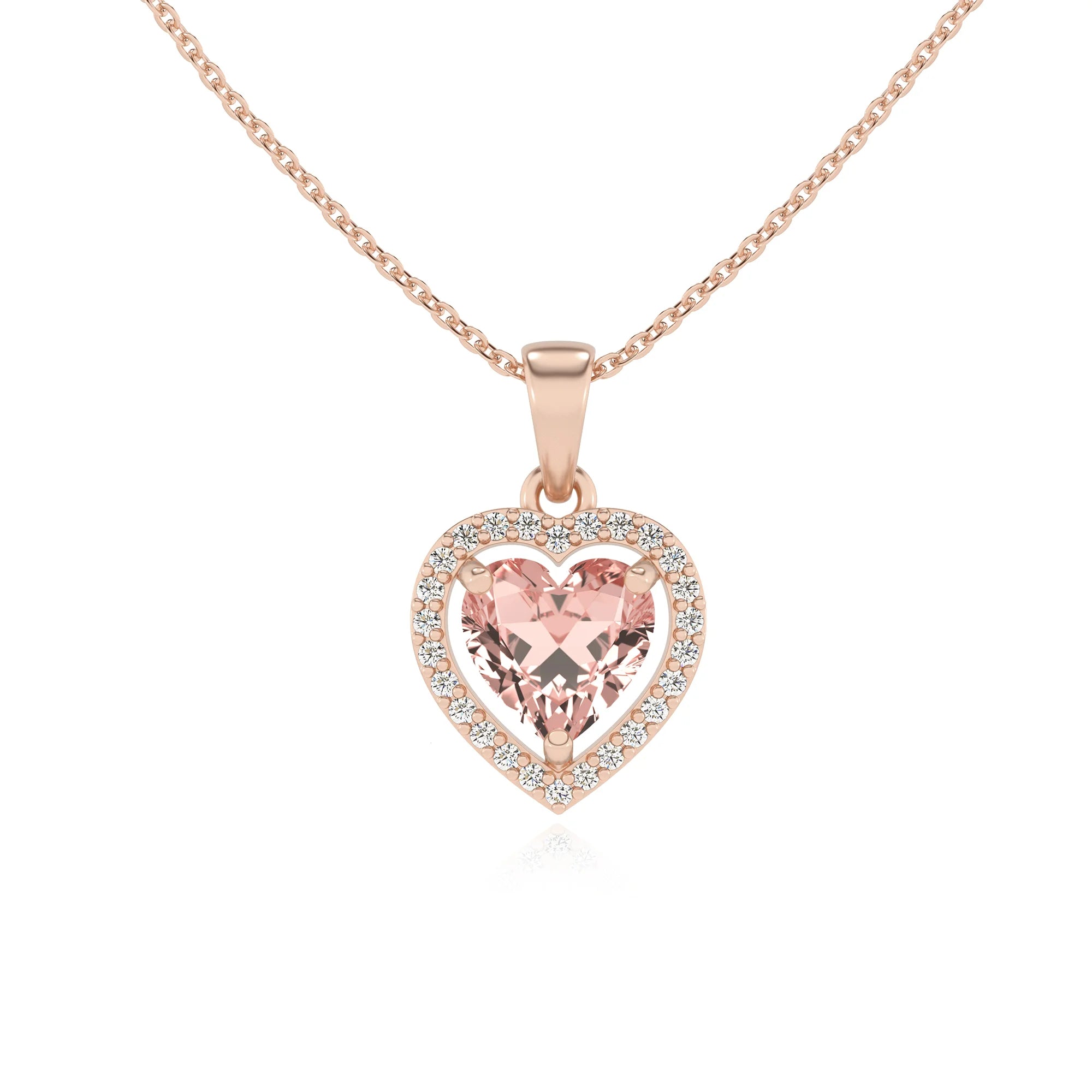 lab grown morganite heart solitaire necklaces in rose gold