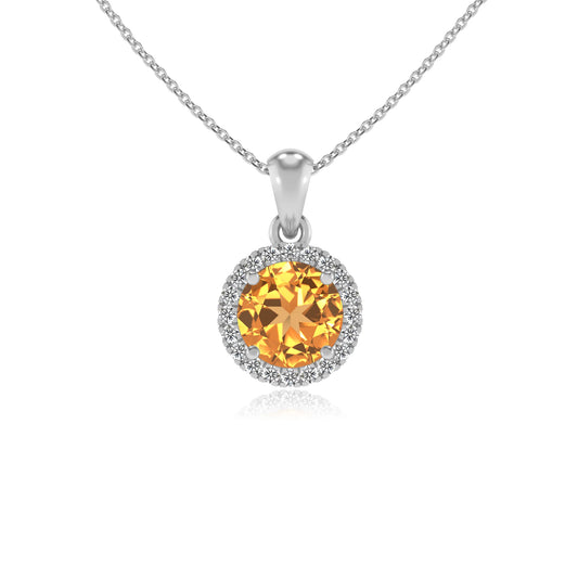 lab grown citrine round solitaire necklaces in sterling silver