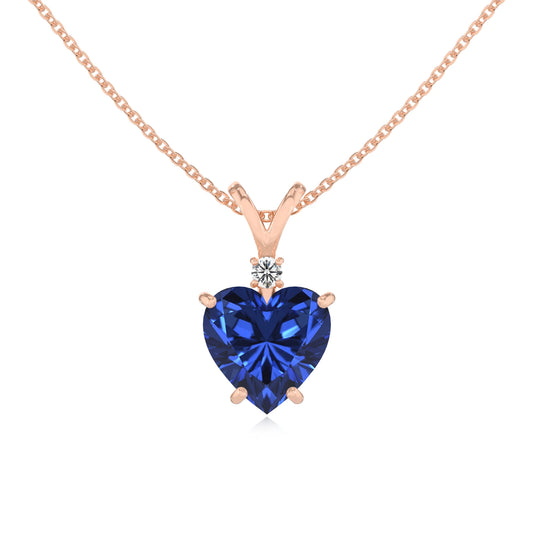 lab grown blue-sapphire heart solitaire v-bale necklaces in rose gold