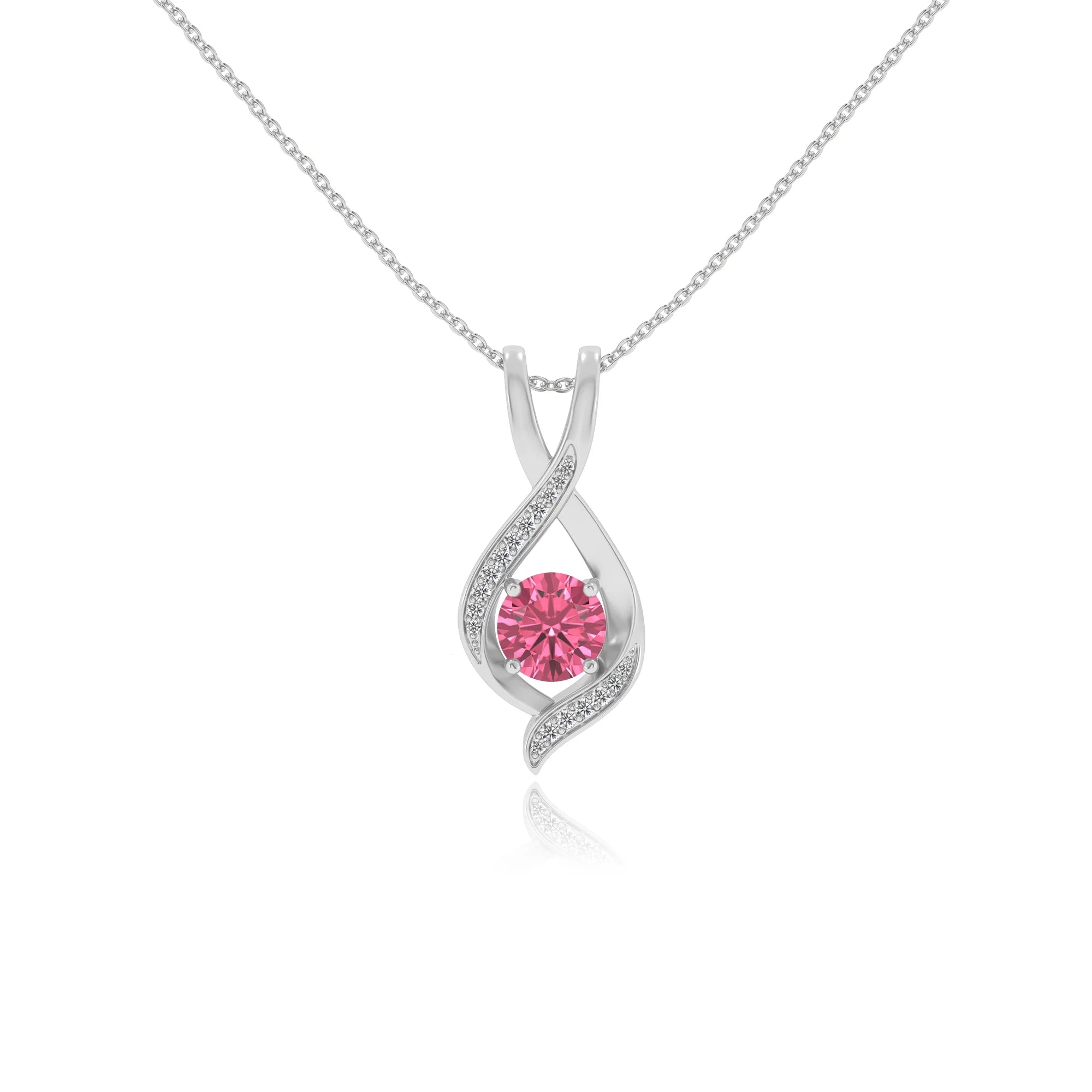 lab grown pink-tourmaline round solitaire necklaces in white gold