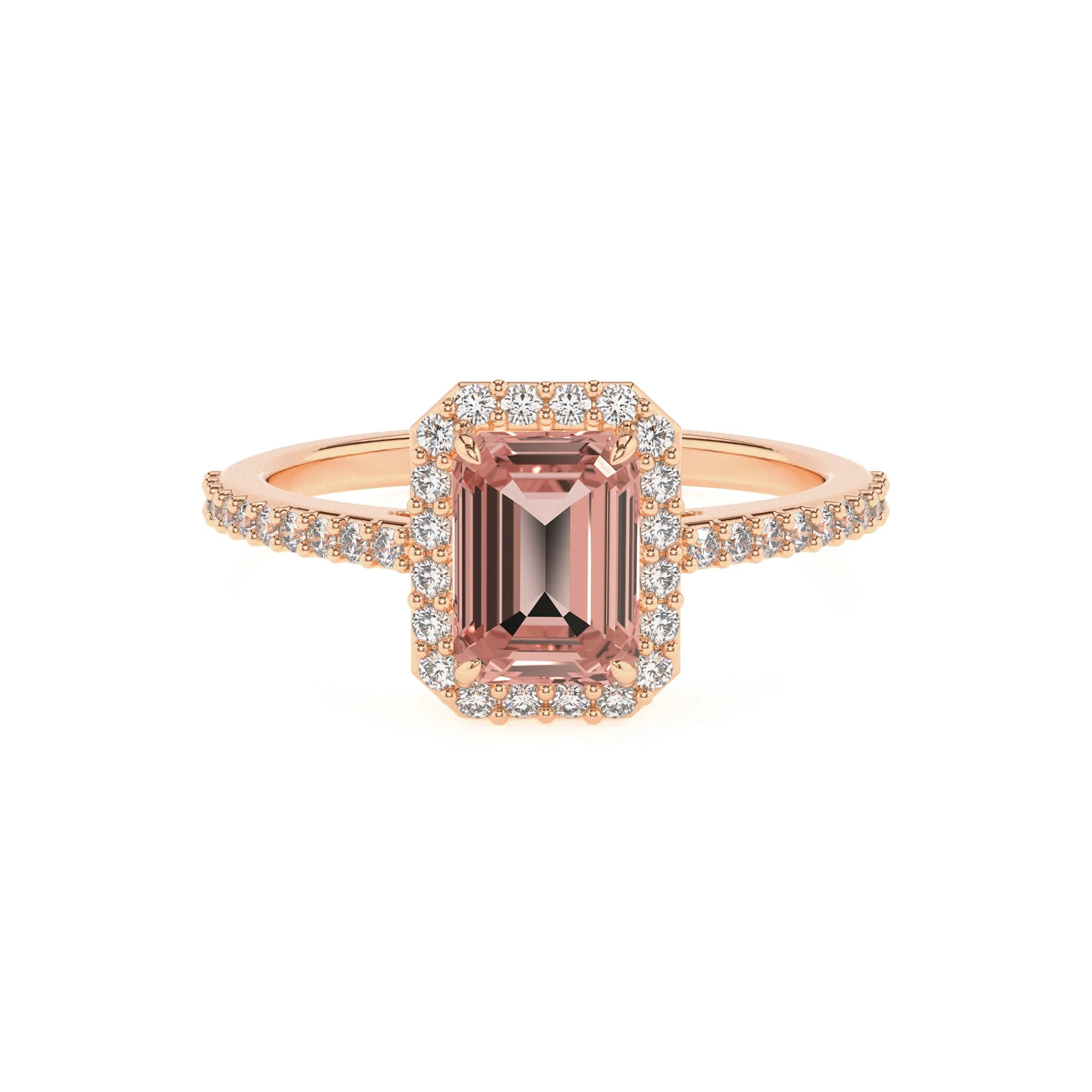 lab grown morganite emerald cut solitaire rings in rose gold