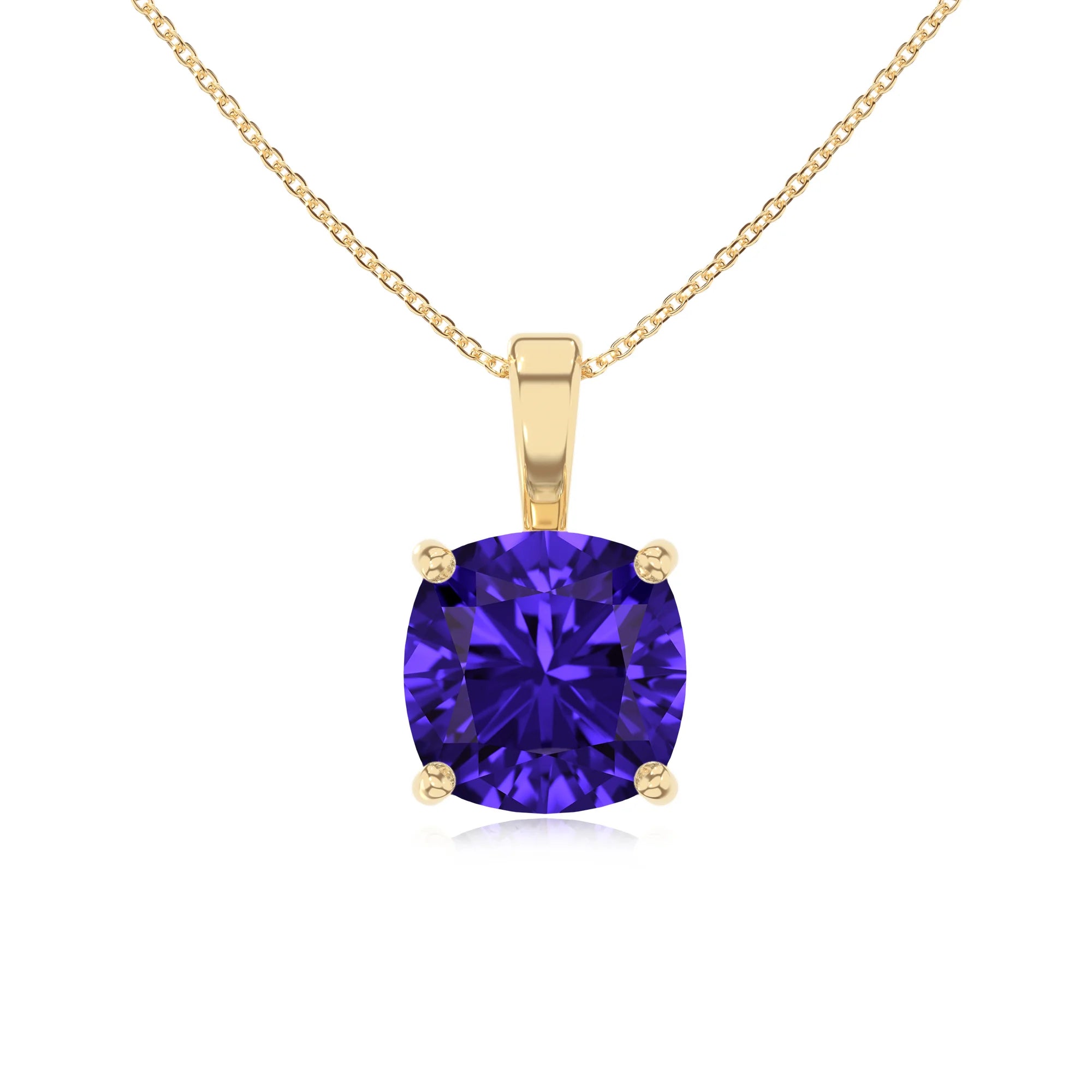 lab grown tanzanite cushion solitaire necklaces in yellow gold