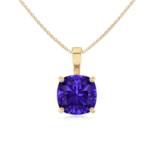 lab grown tanzanite cushion solitaire necklaces in yellow gold