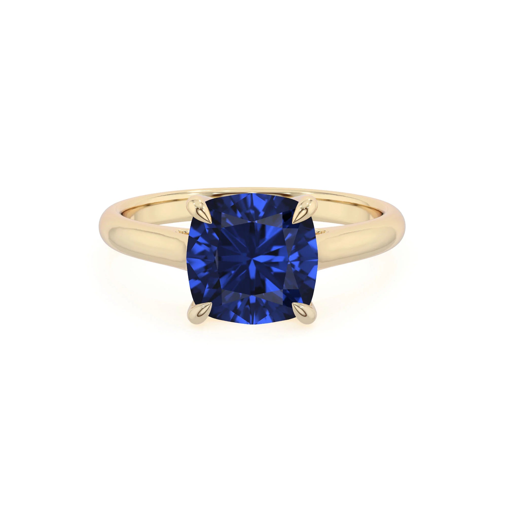 lab grown blue-sapphire cushion solitaire rings in yellow gold