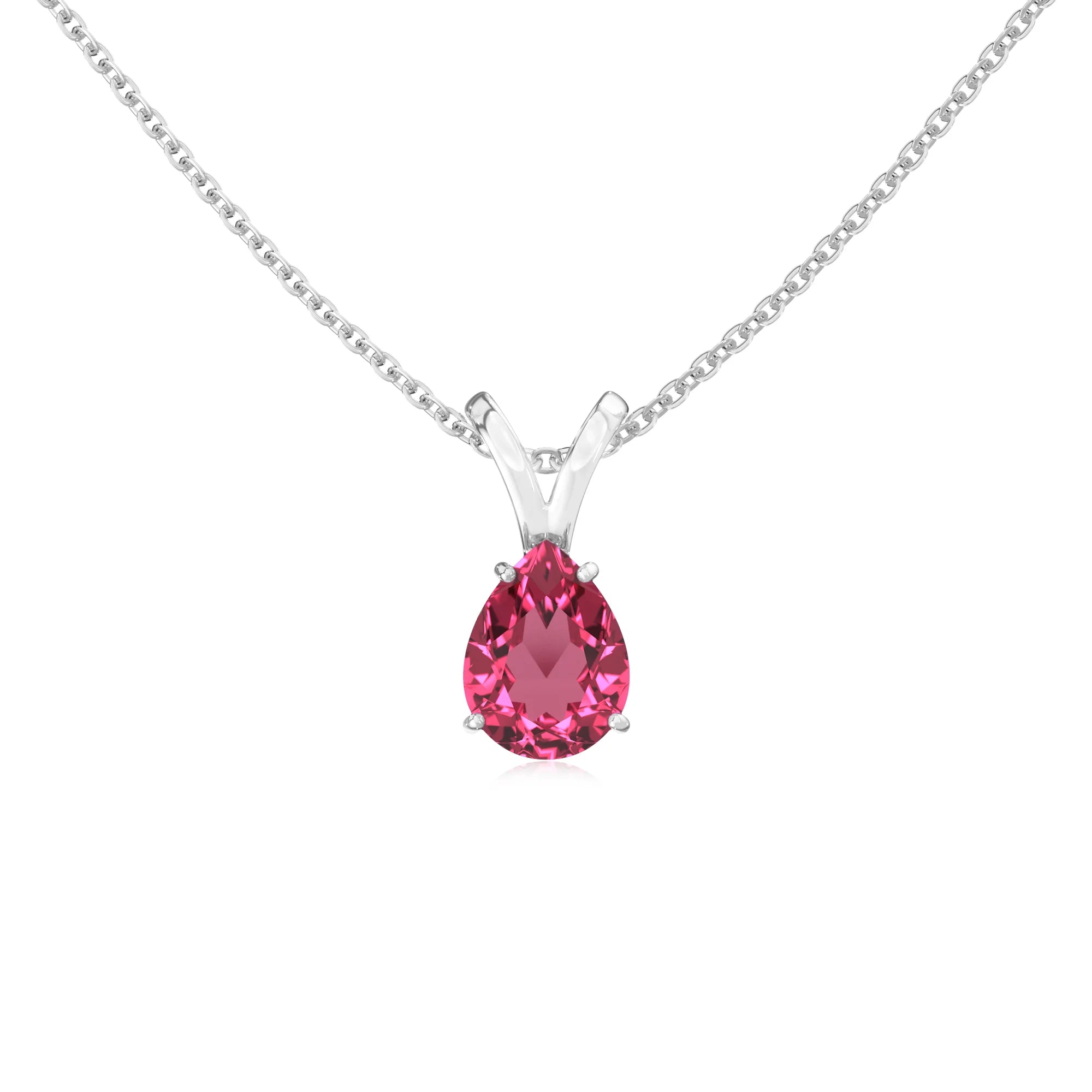 lab grown pink-tourmaline pear solitaire v-bale necklaces in white gold