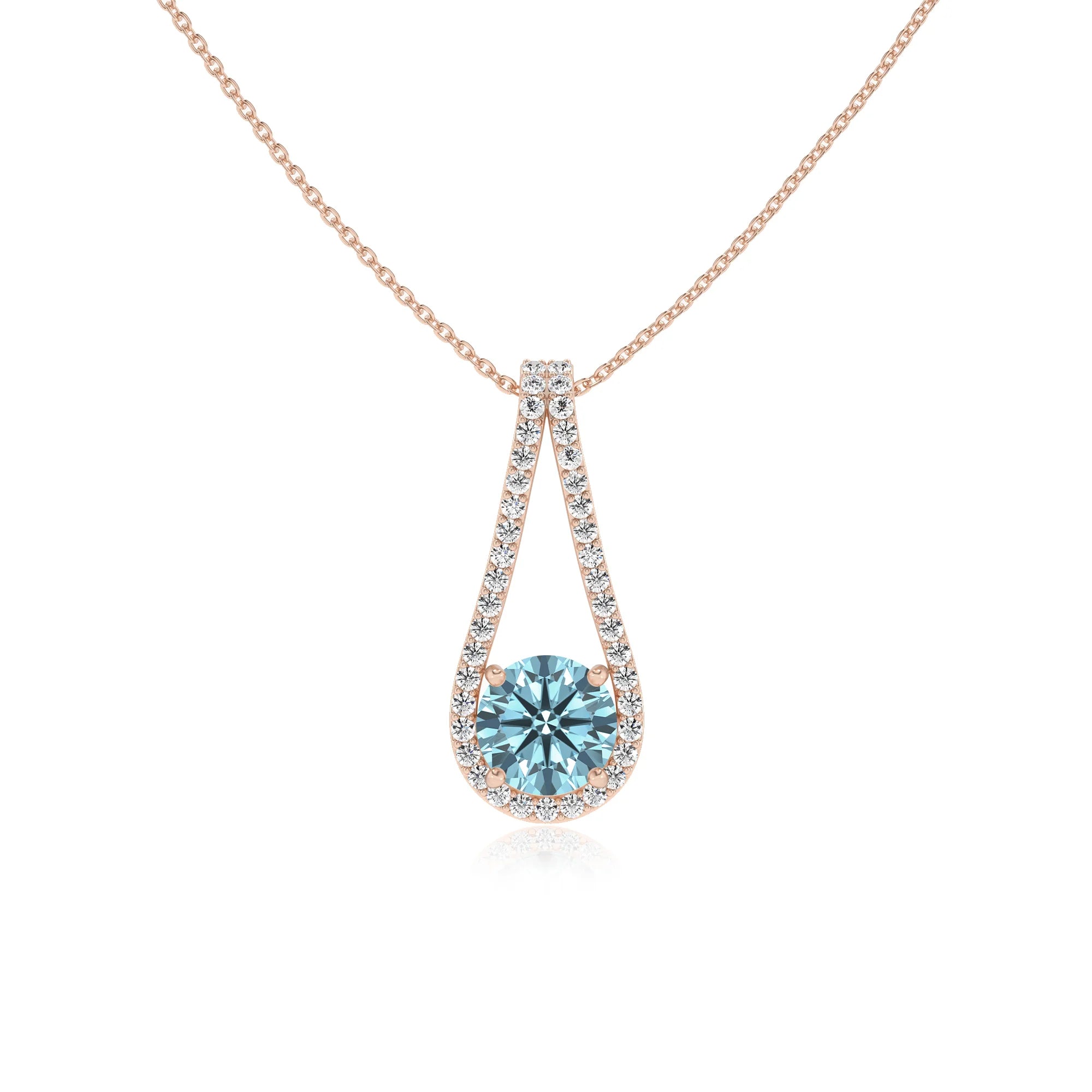 lab grown aquamarine round solitaire v-bale necklaces in rose gold