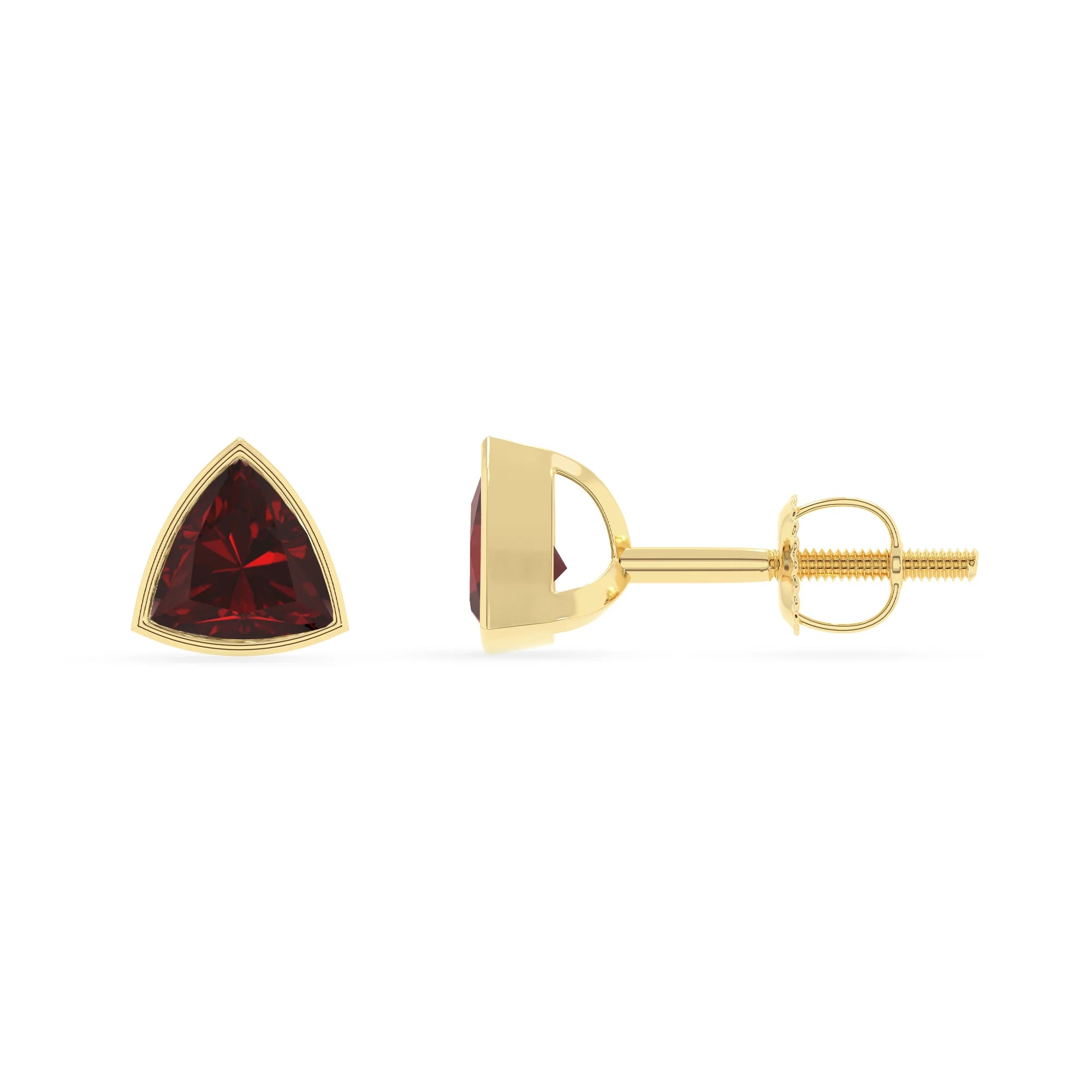 natural garnet trillion stud earrings in yellow gold