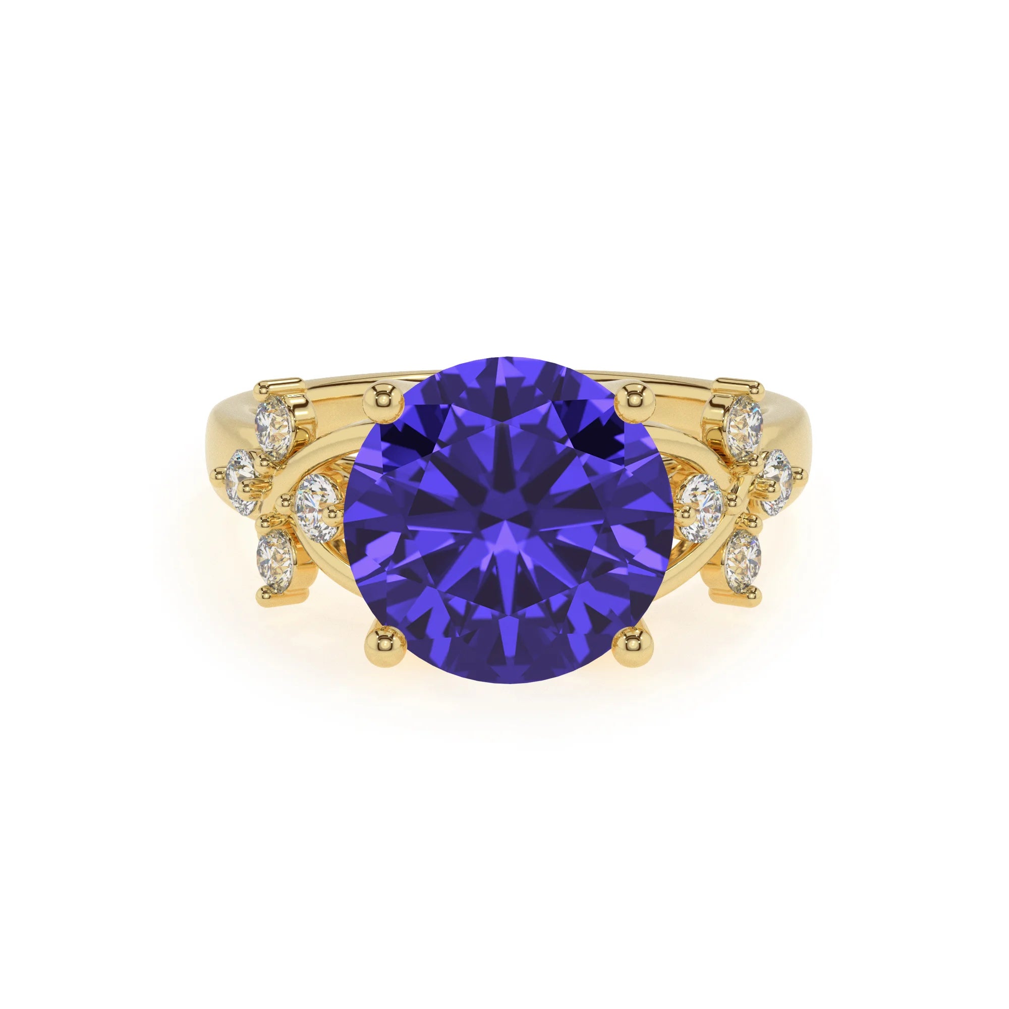 lab grown tanzanite round solitaire rings in yellow gold
