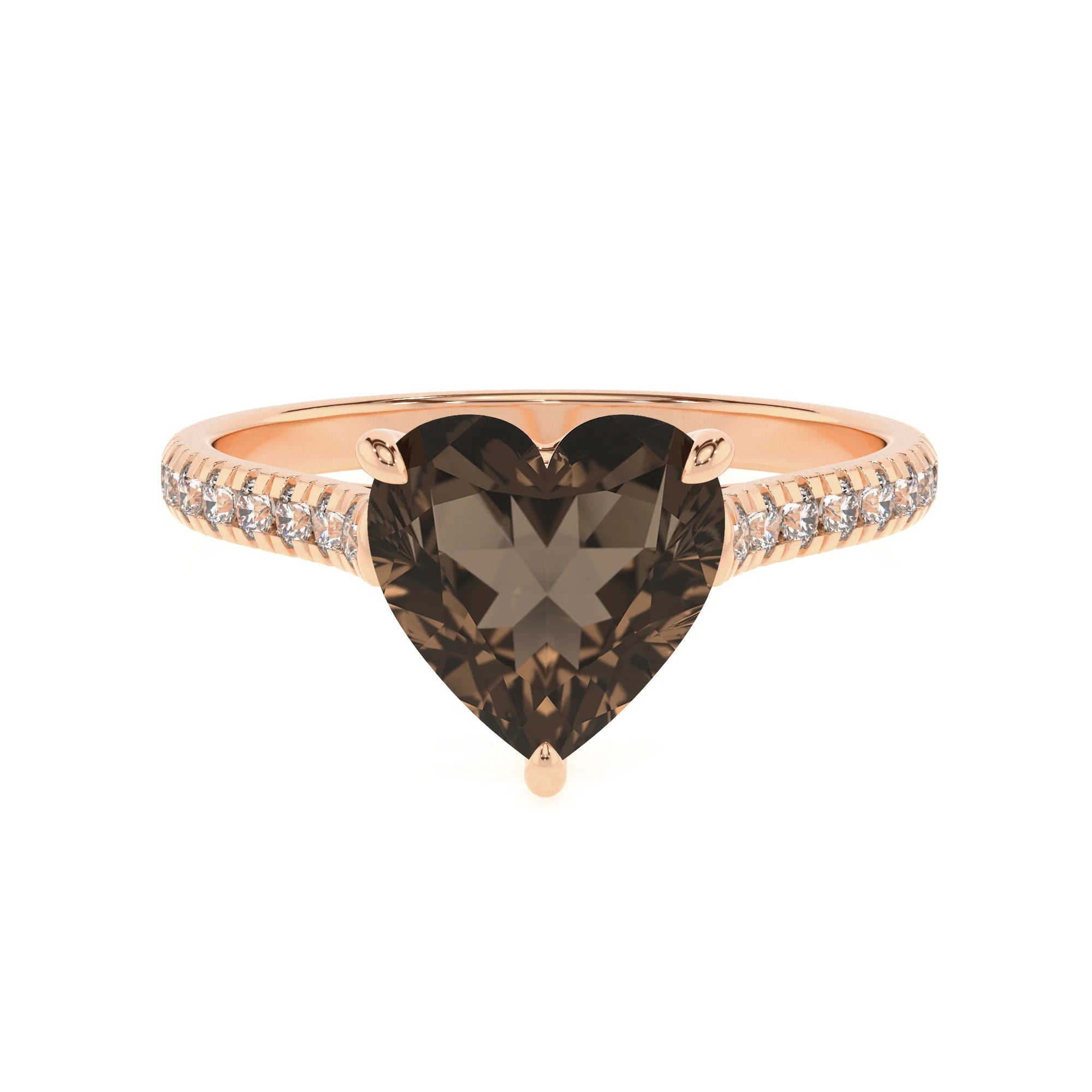 natural smoky-quartz heart half eternity solitaire engagement rings in rose gold