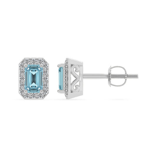 lab grown aquamarine emerald cut stud earrings in white gold
