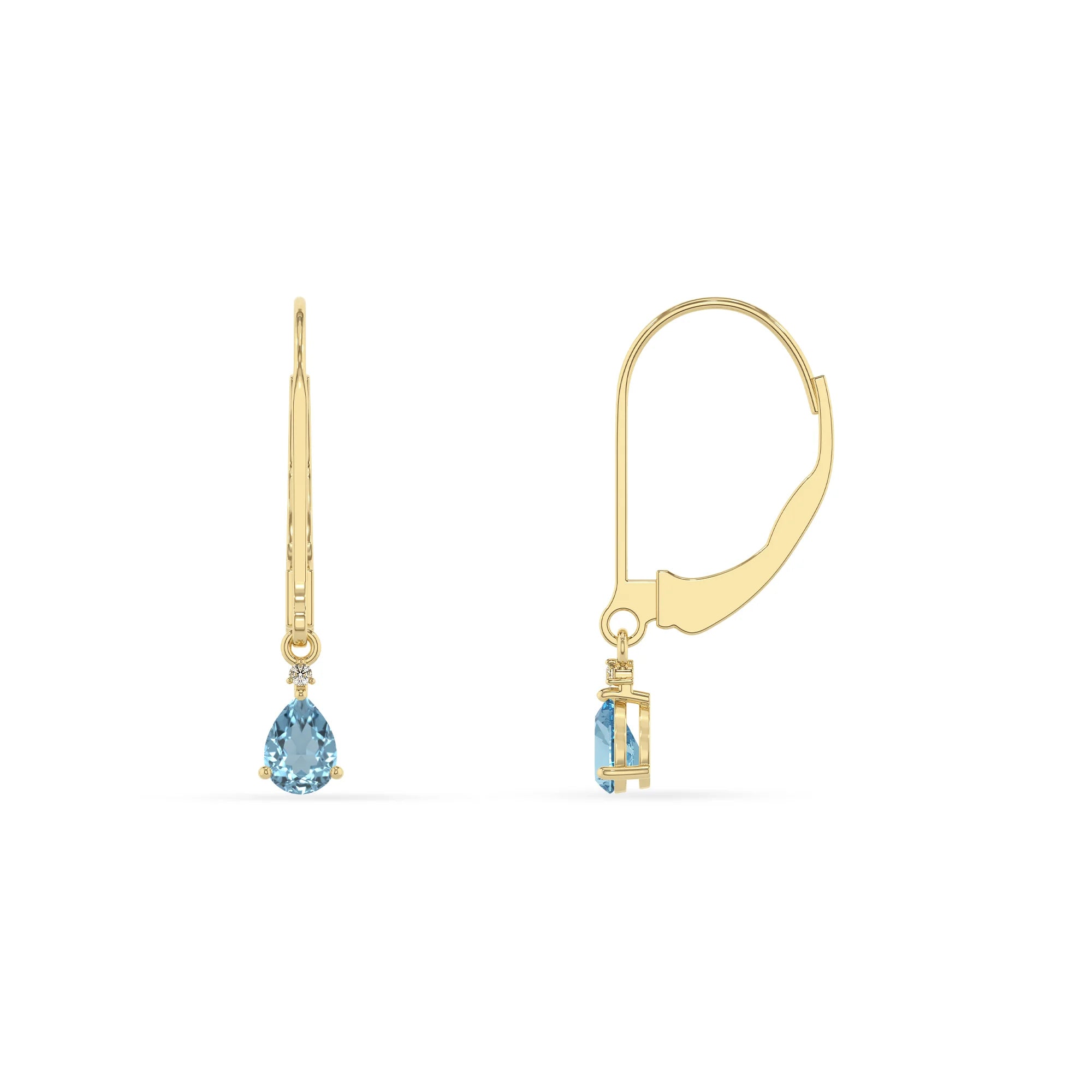 lab grown aquamarine pear drop earrings in yellow gold