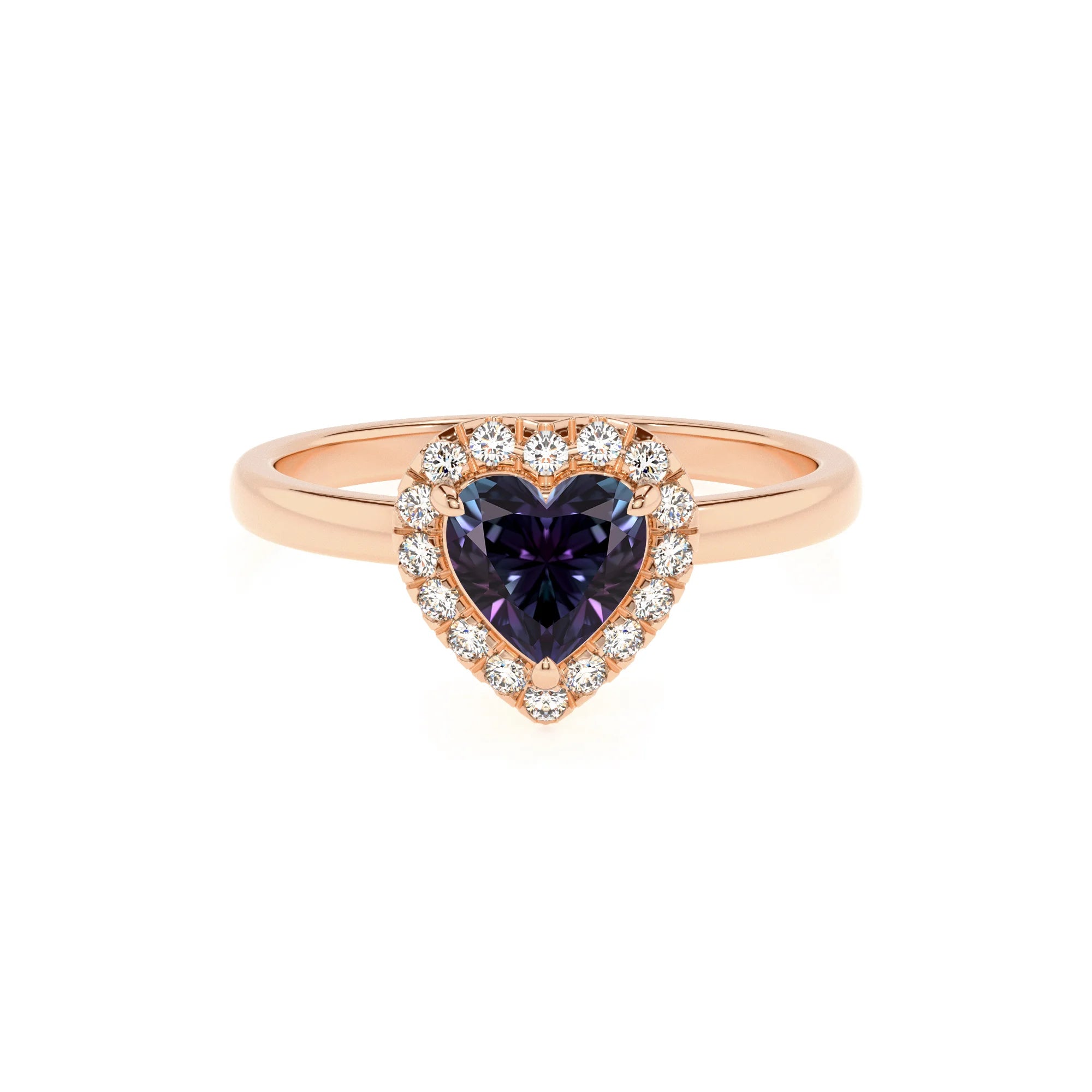 lab grown alexandrite heart solitaire rings in rose gold