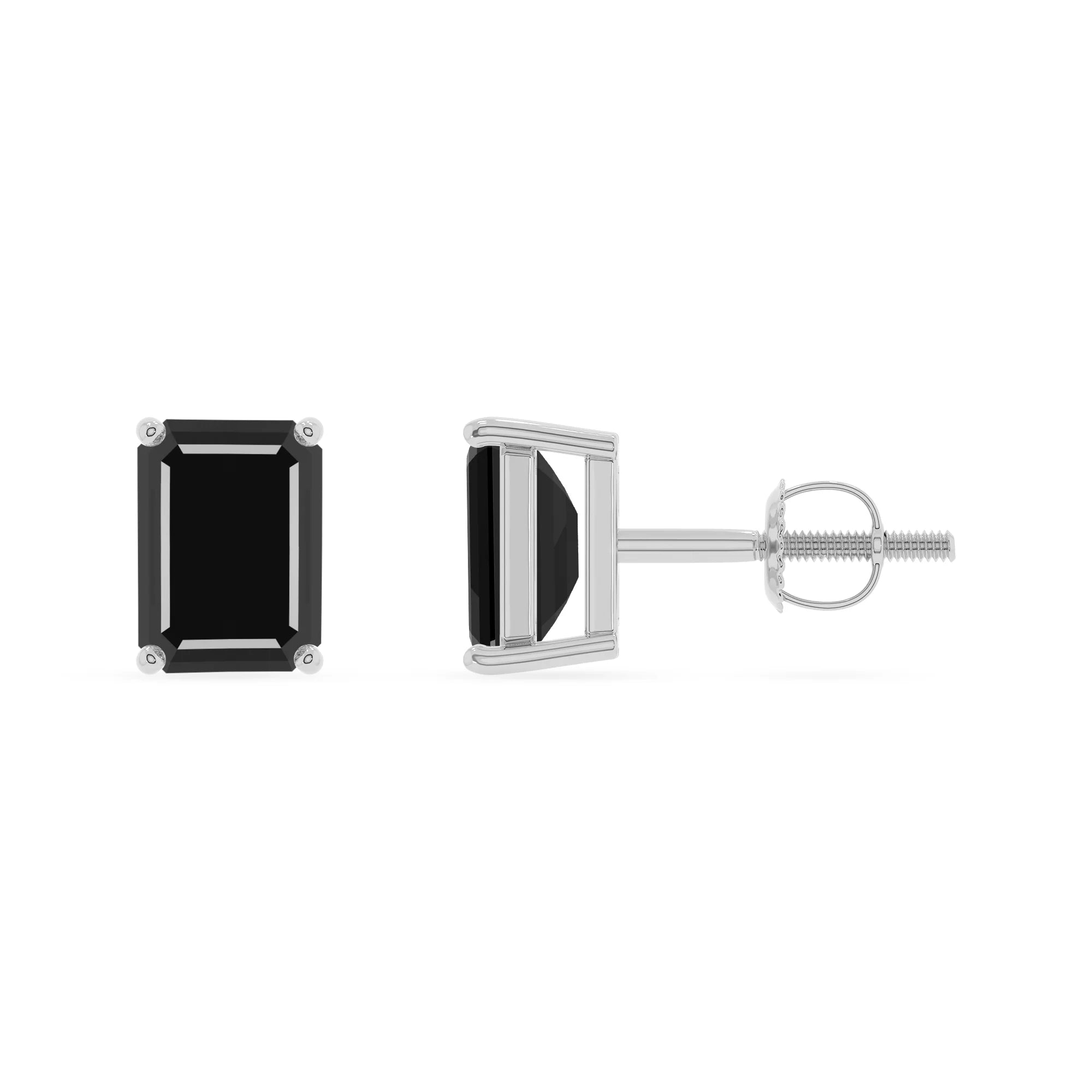 natural black onyx emerald cut stud earrings in platinum