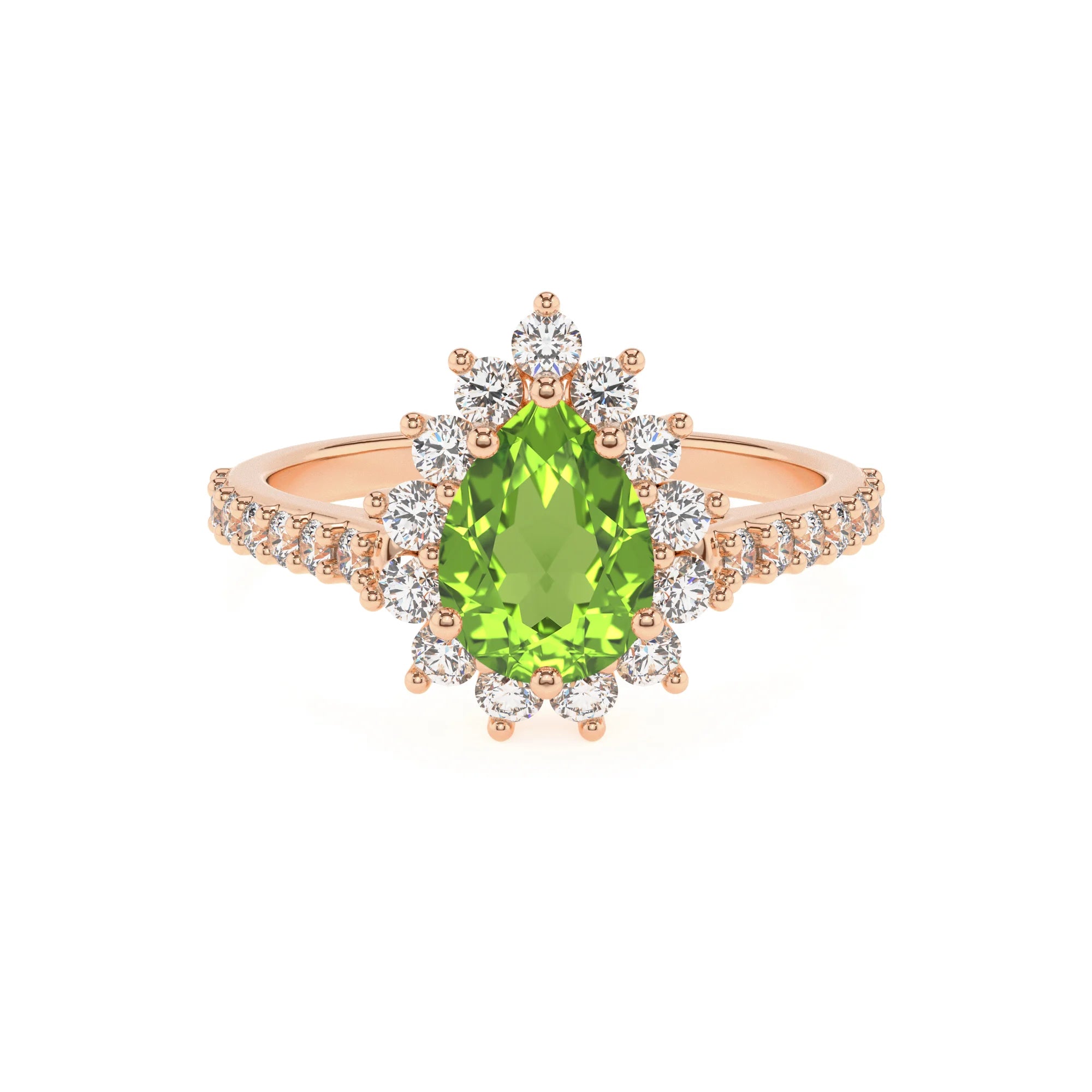 natural peridot pear solitaire rings in rose gold