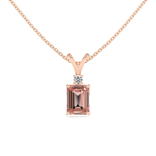 lab grown morganite emerald cut solitaire v-bale necklaces in rose gold