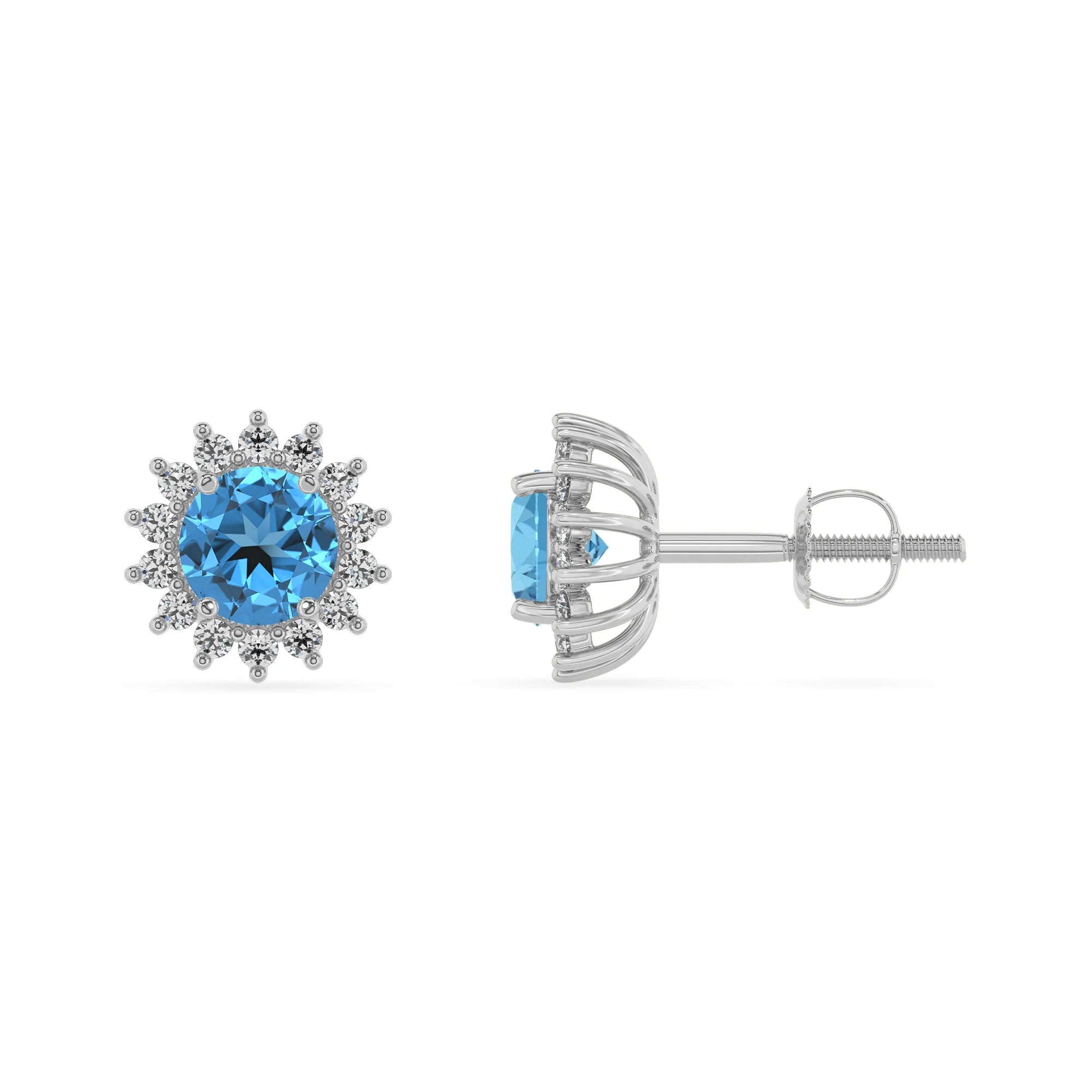 natural swiss blue topaz round stud earrings in platinum