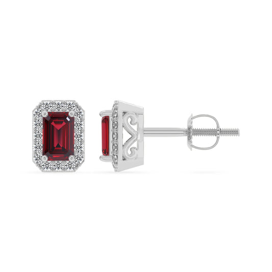 lab grown ruby emerald cut stud earrings in white gold