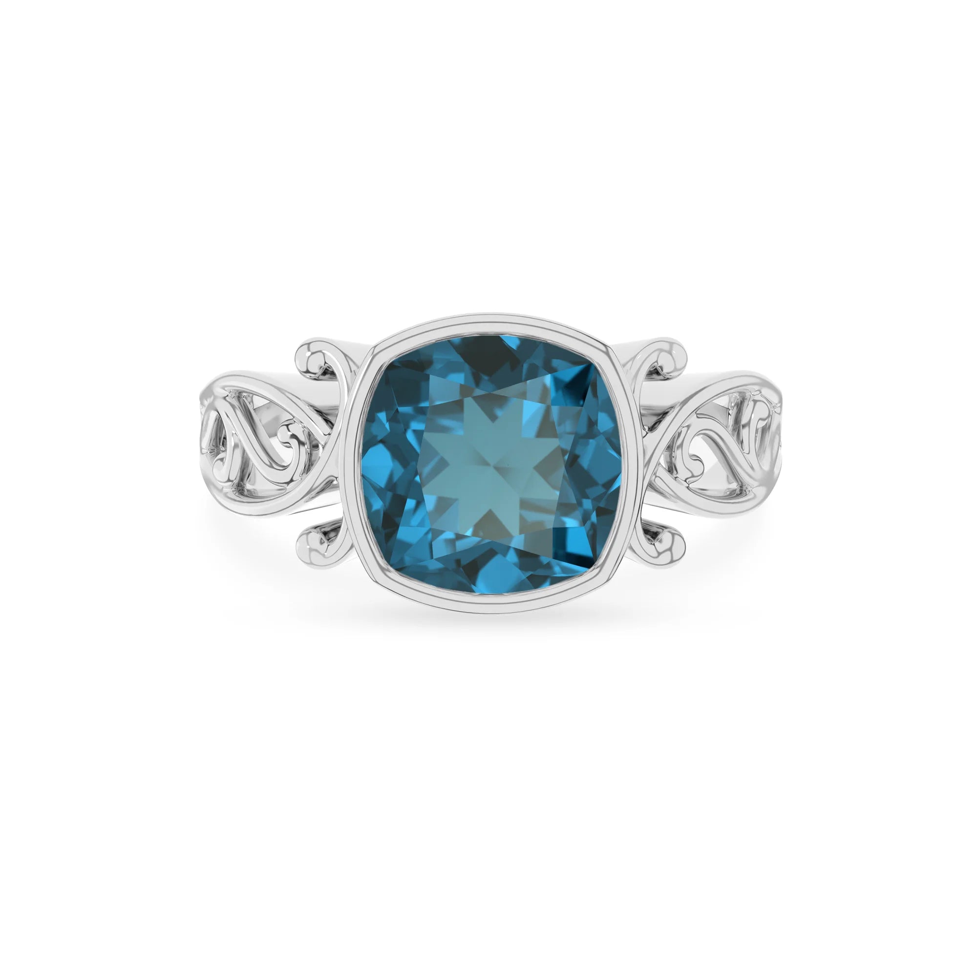natural london-blue-topaz cushion solitaire rings in platinum