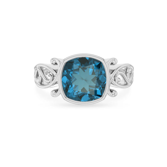 natural london-blue-topaz cushion solitaire rings in platinum