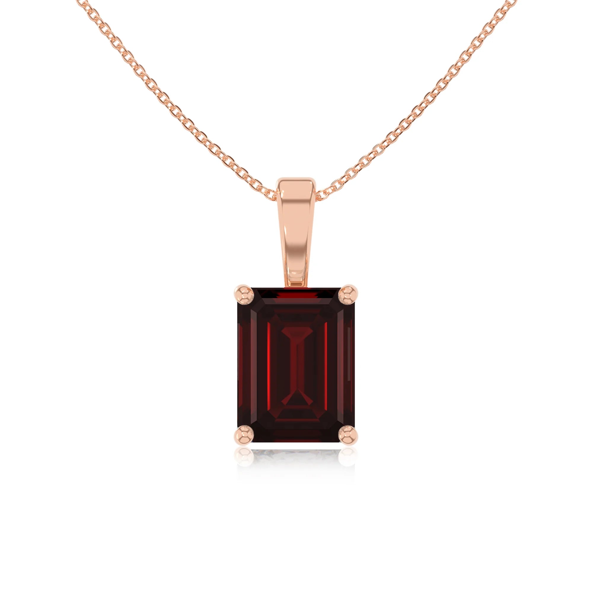 natural garnet emerald cut solitaire necklaces in rose gold