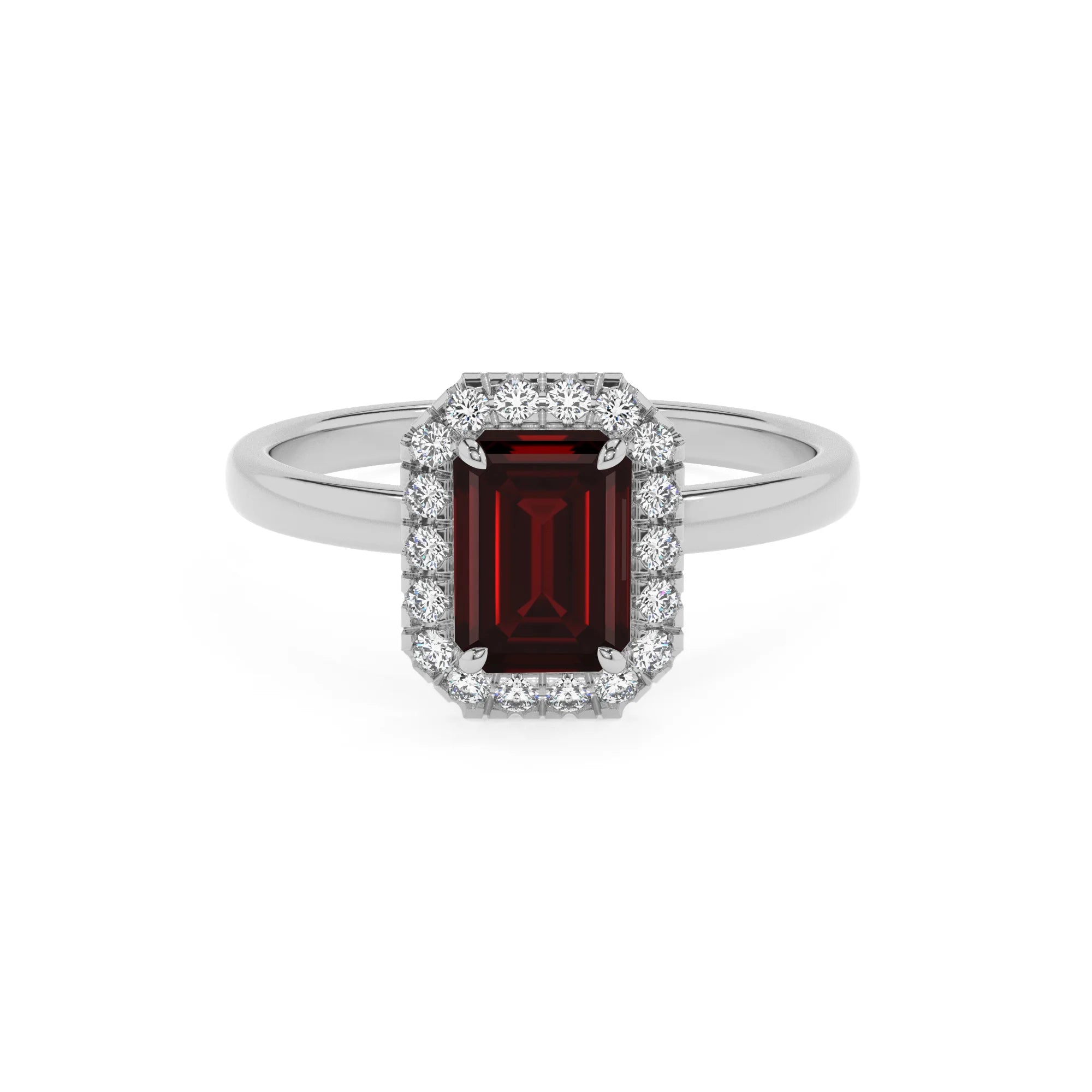 natural garnet emerald cut solitaire rings in platinum