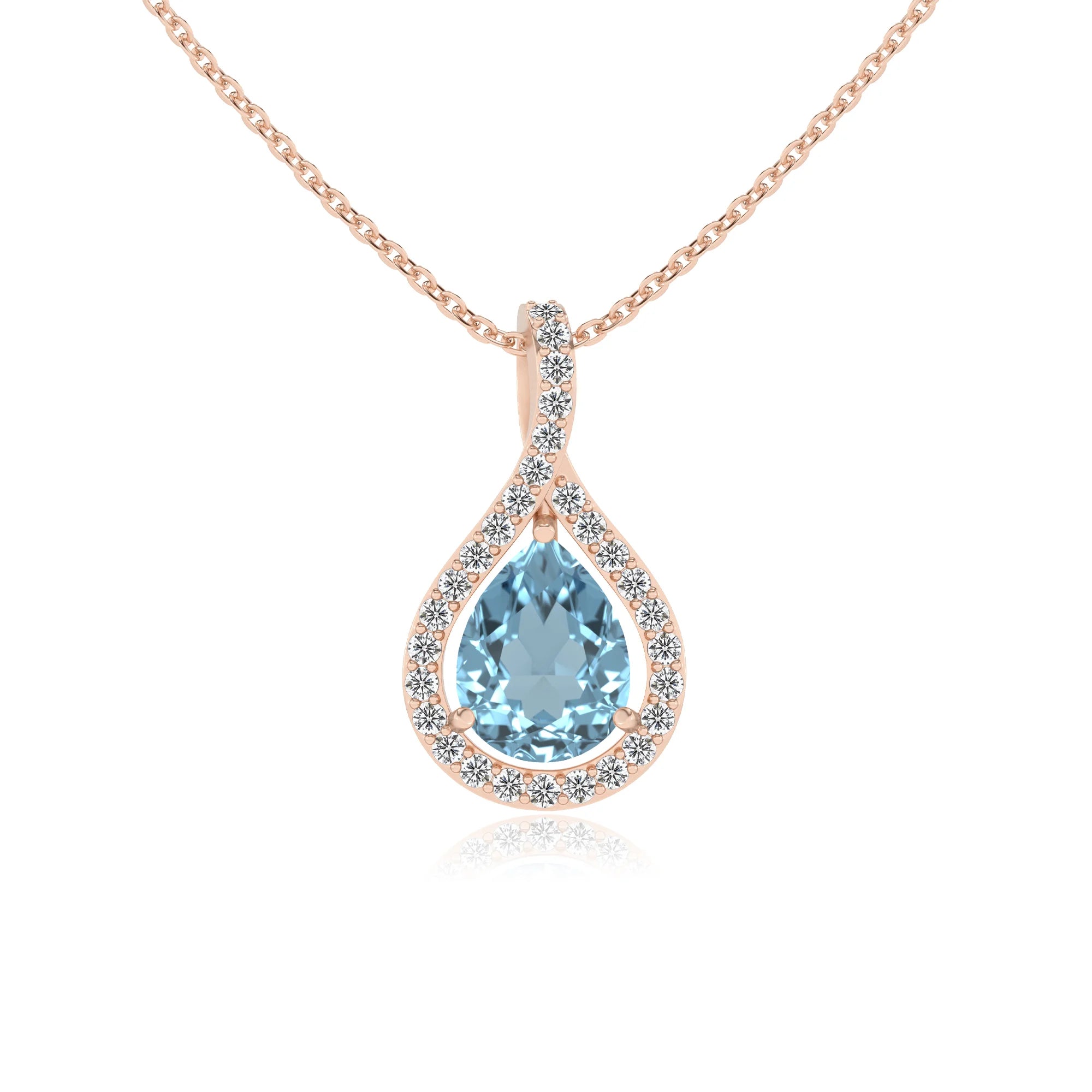 lab grown aquamarine pear solitaire necklaces in rose gold