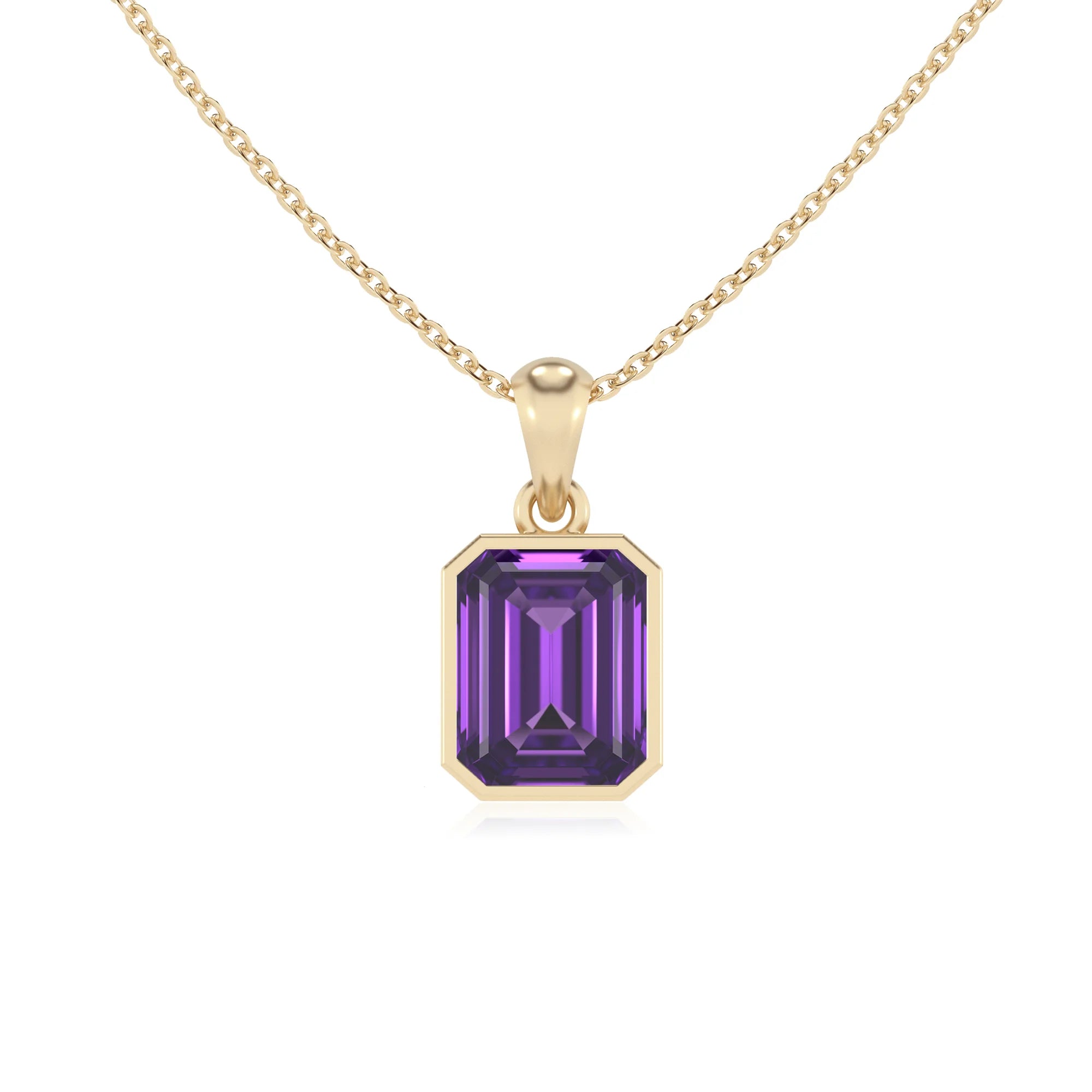 lab grown amethyst emerald cut solitaire necklaces in yellow gold
