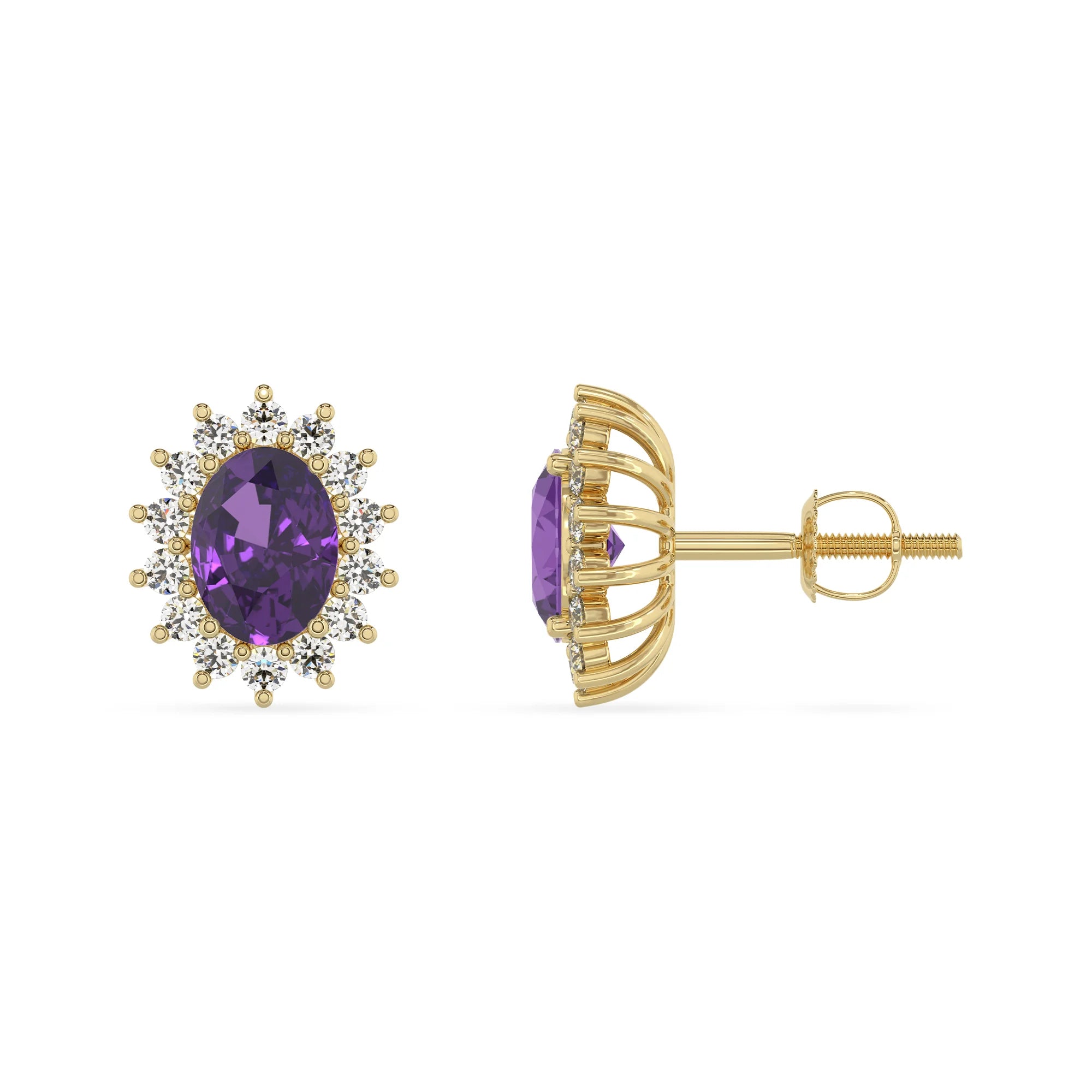 lab grown amethyst oval stud earrings in yellow gold