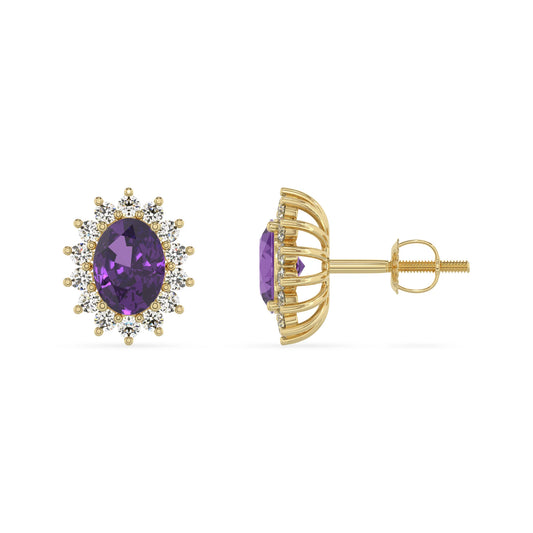 lab grown amethyst oval stud earrings in yellow gold
