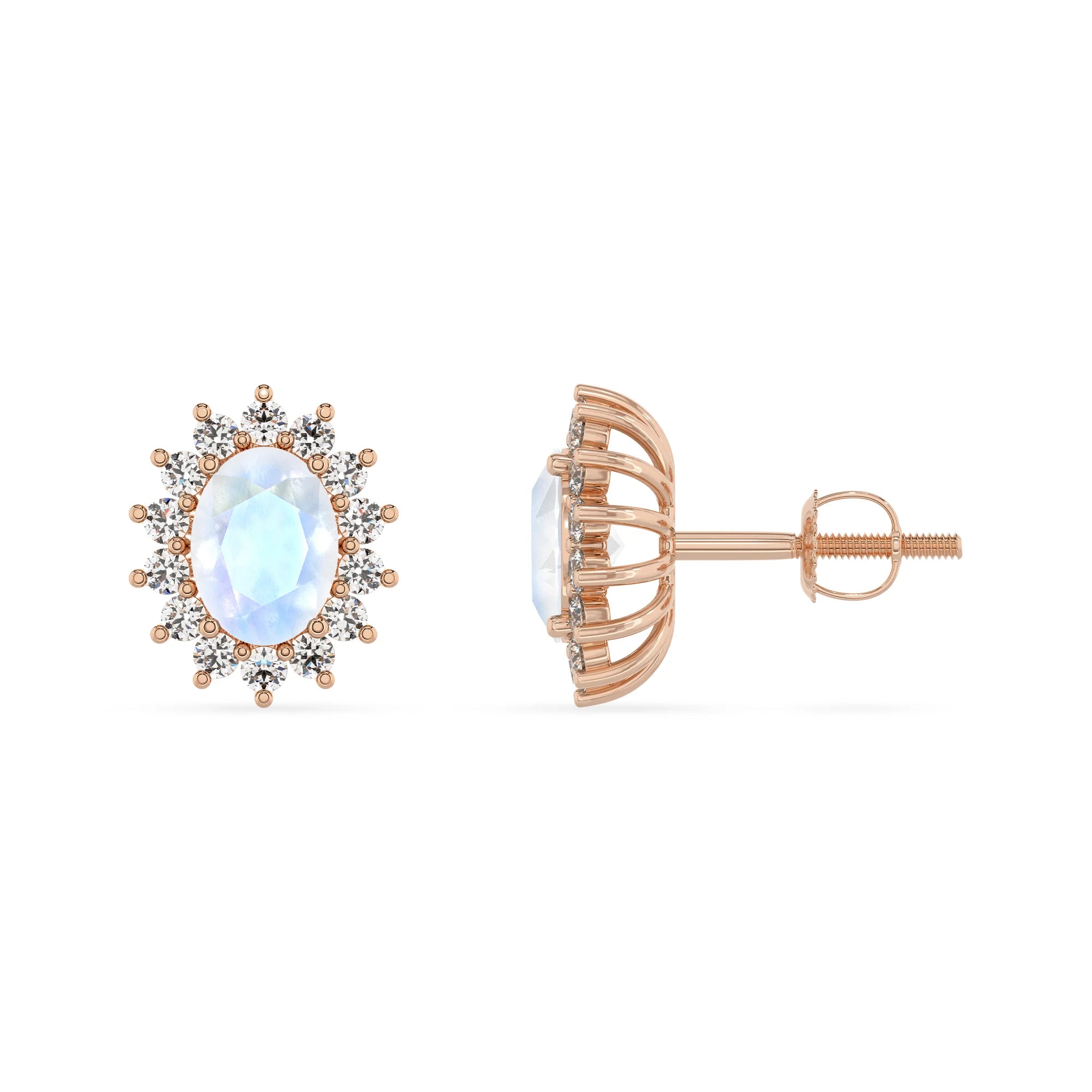 natural rainbow moonstone oval stud earrings in rose gold