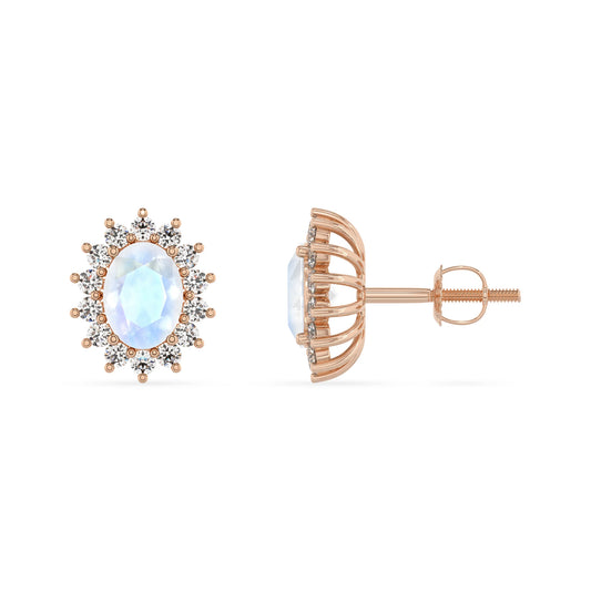 natural rainbow moonstone oval stud earrings in rose gold