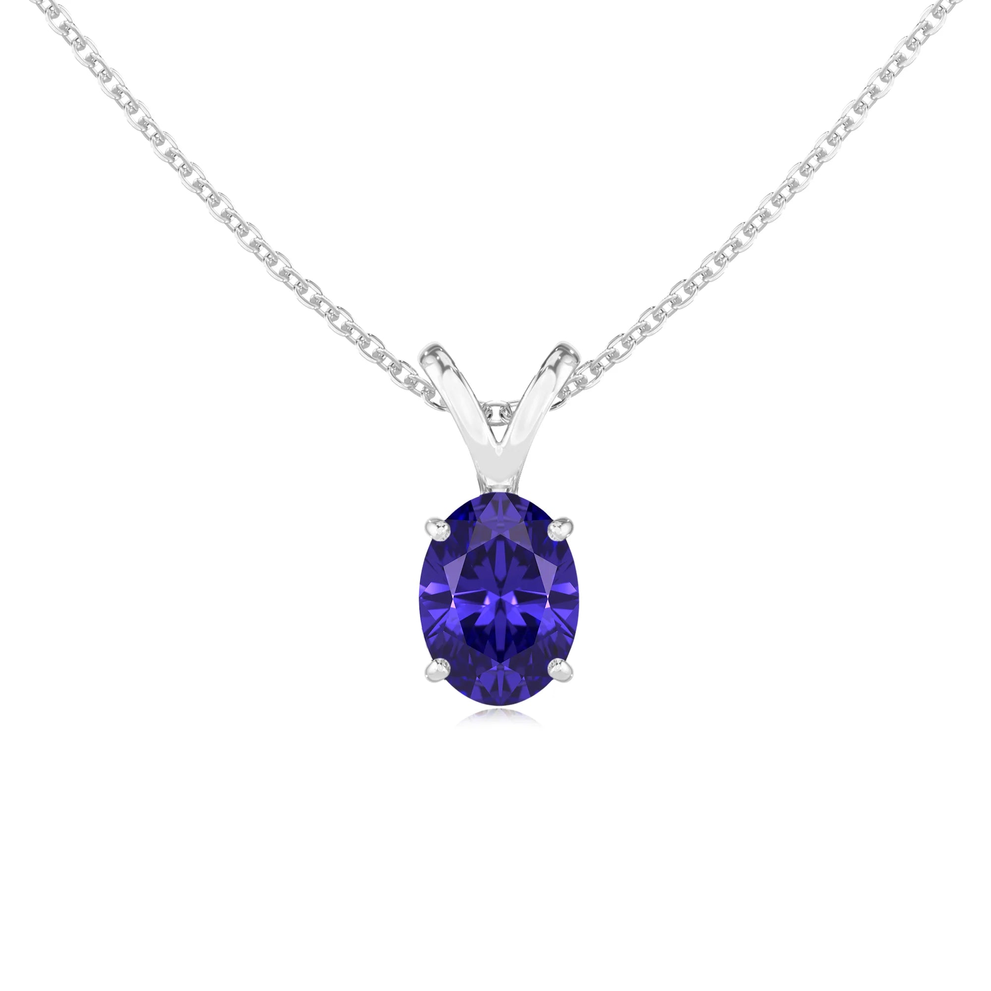 lab grown tanzanite oval solitaire v-bale necklaces in sterling silver