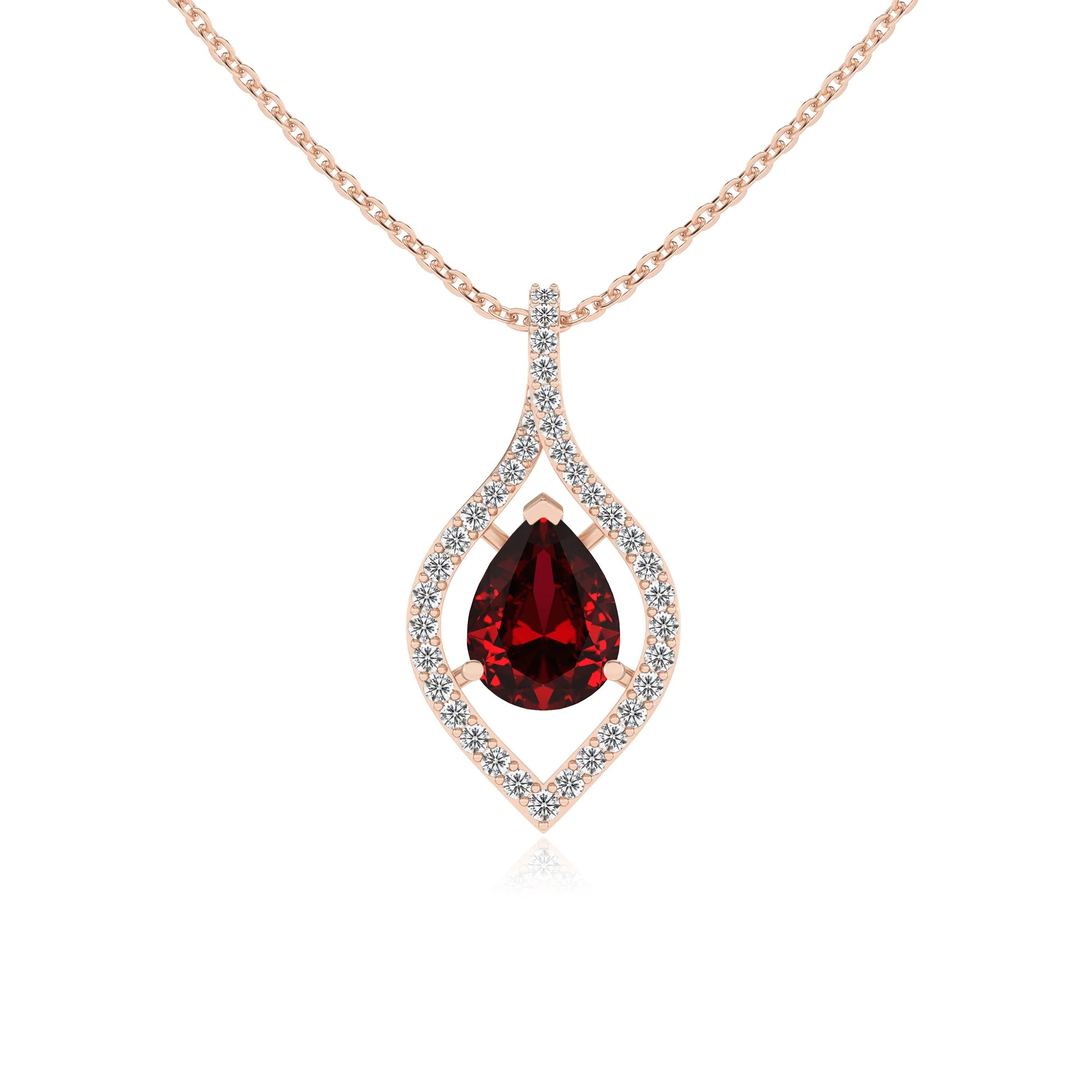 lab grown ruby pear infinity necklaces in rose gold
