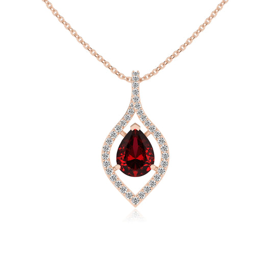 lab grown ruby pear infinity necklaces in rose gold
