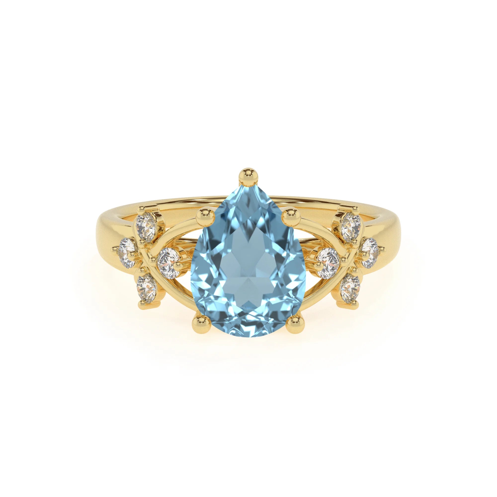 lab grown aquamarine pear solitaire rings in yellow gold