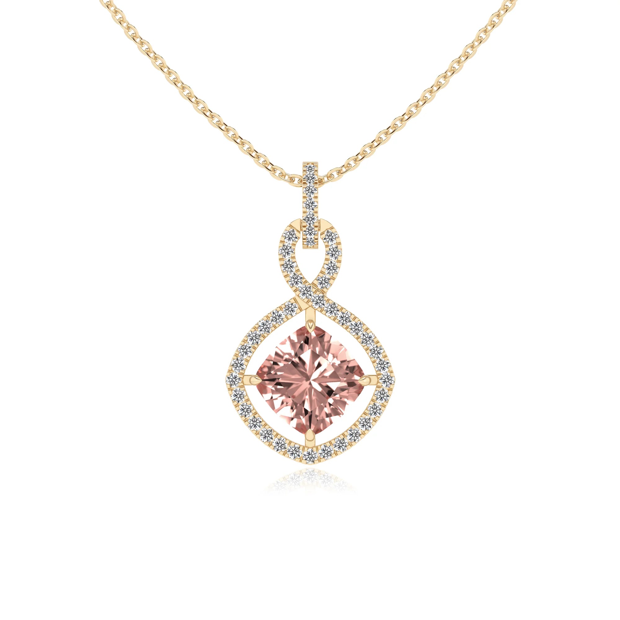 lab grown morganite cushion infinity necklaces in yellow gold