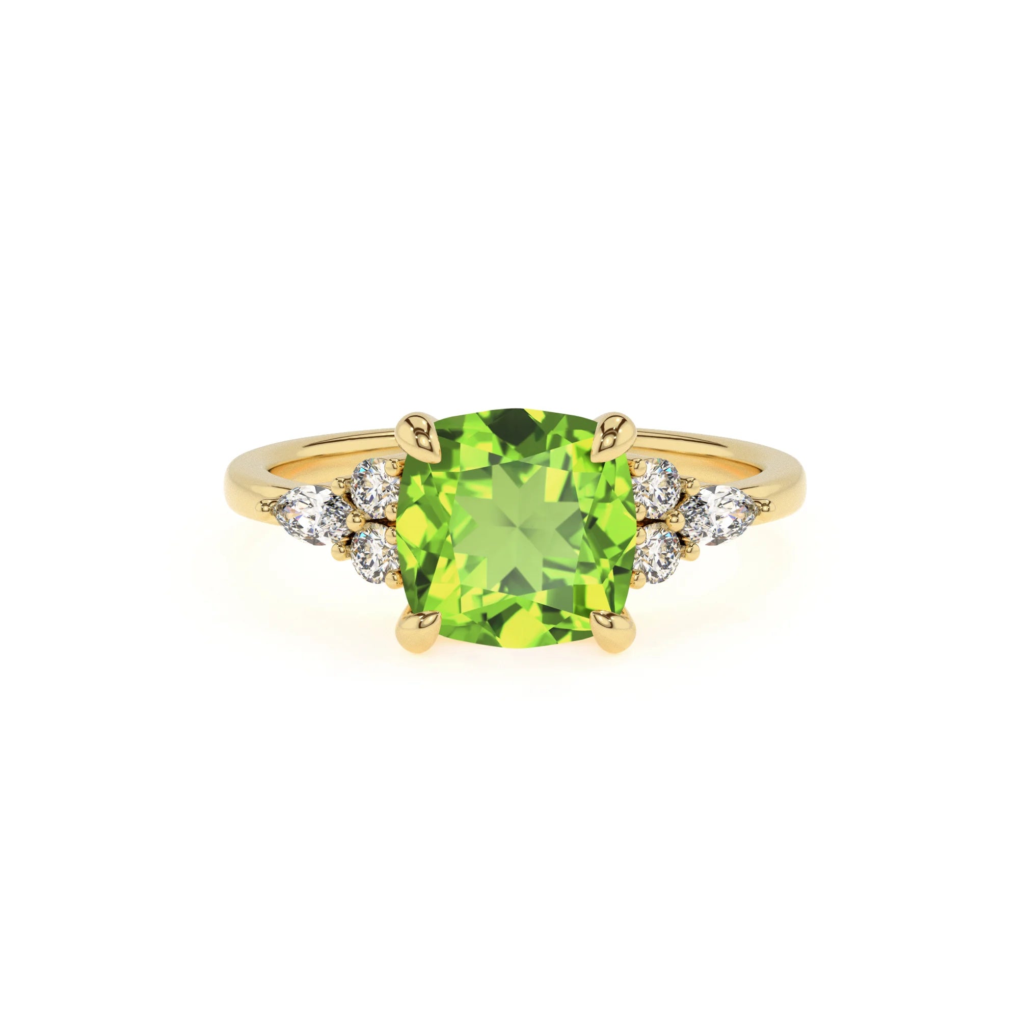 natural peridot cushion solitaire rings in yellow gold