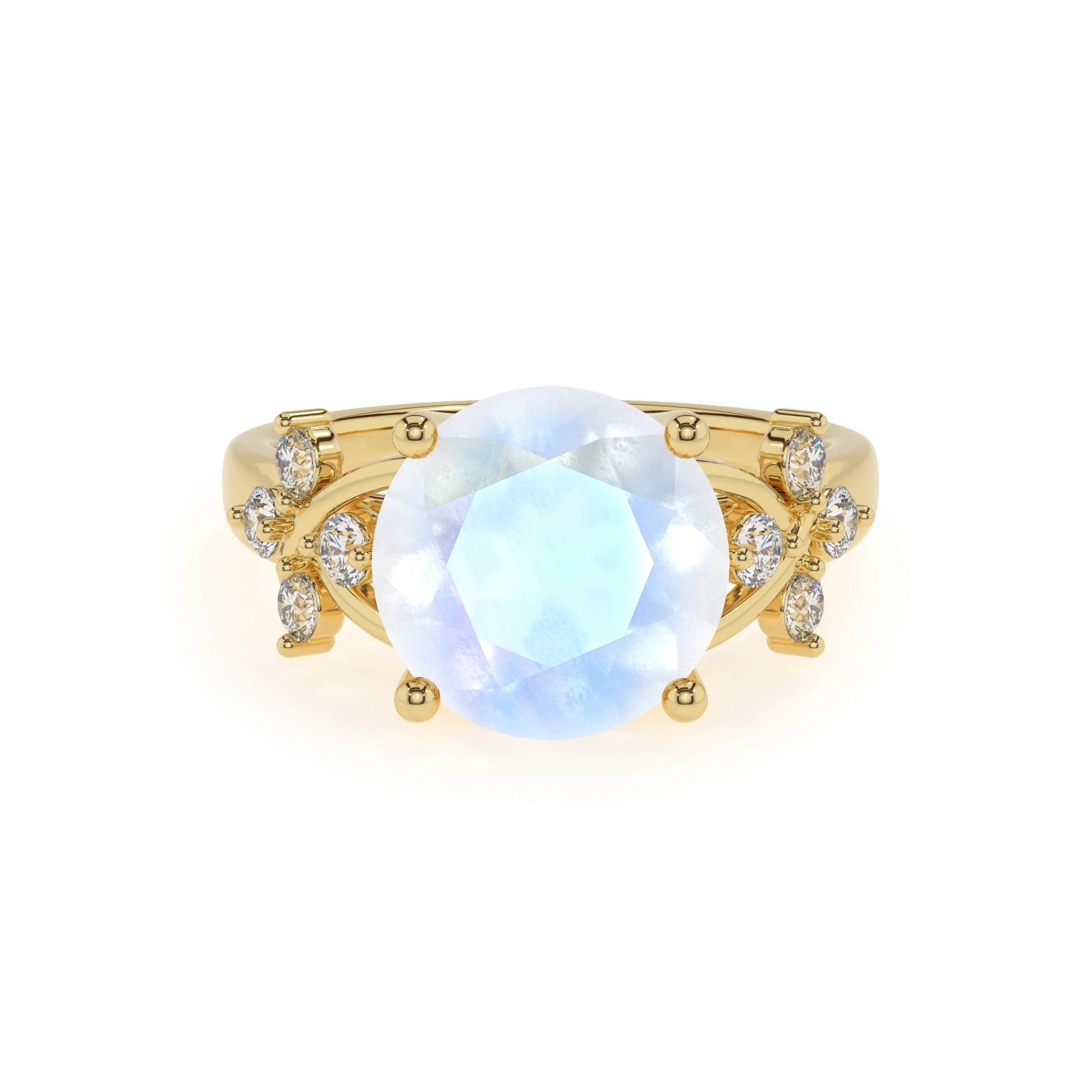 natural rainbow-moonstone round solitaire rings in yellow gold