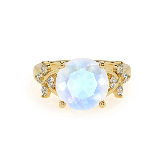 natural rainbow-moonstone round solitaire rings in yellow gold