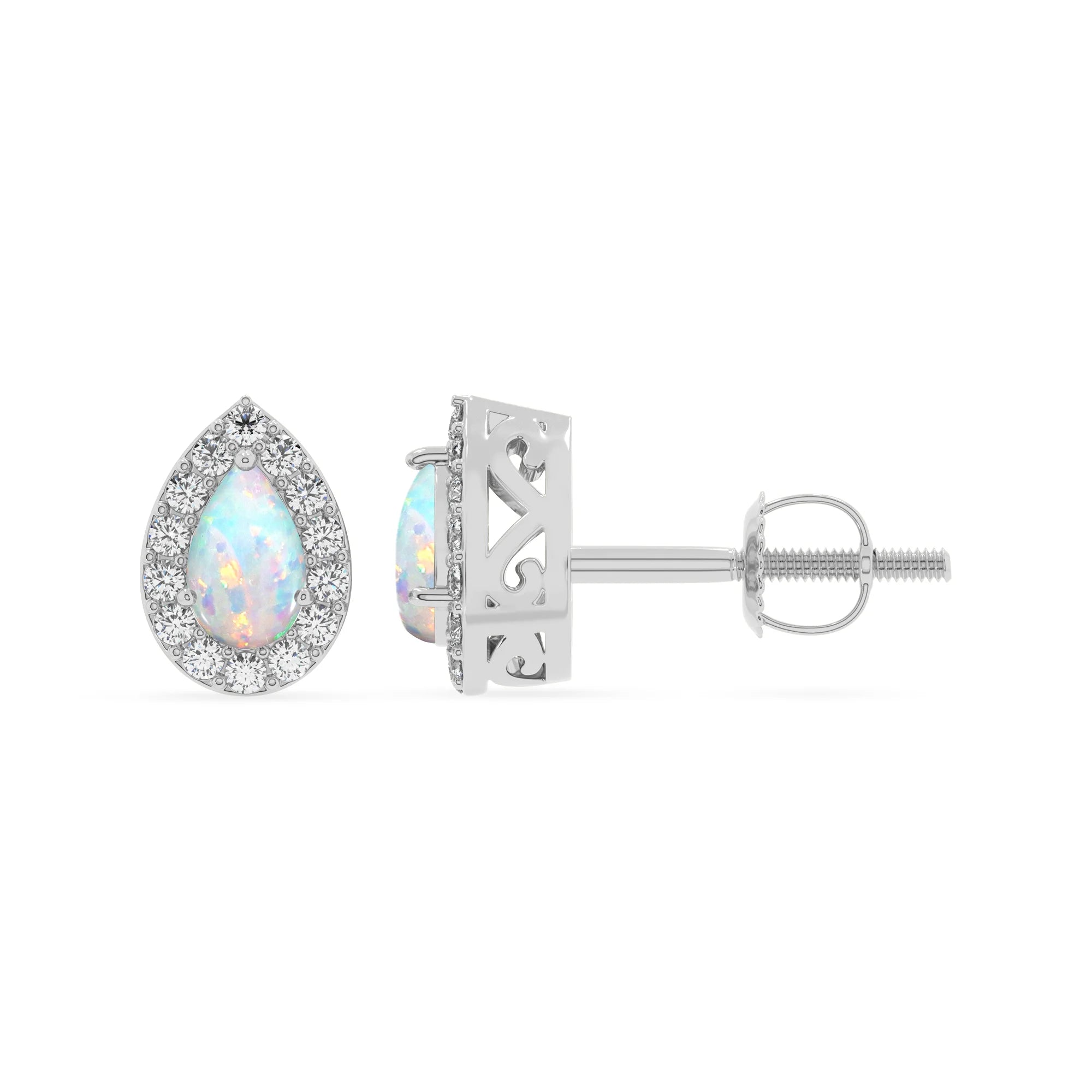 lab grown opal pear stud earrings in white gold
